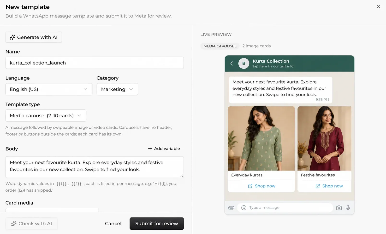 Creating a WhatsApp message template with variables, footer, and buttons in Steps AI - Part 1