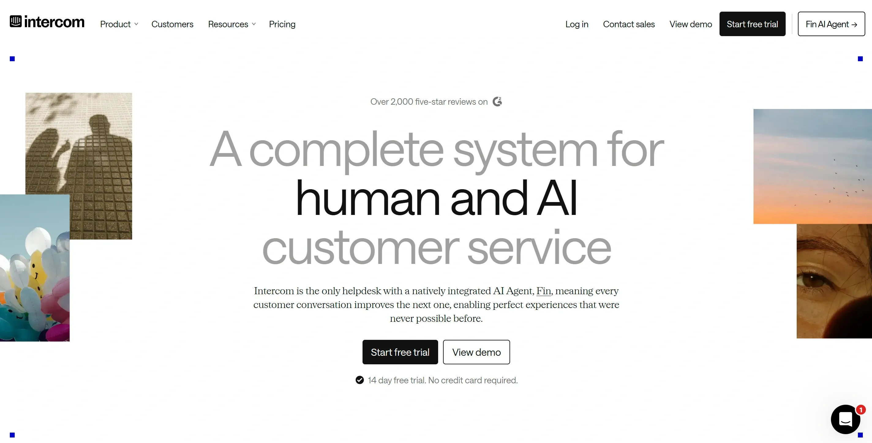 Intercom homepage introducing its helpdesk with the built-in Fin AI agent for customer service
