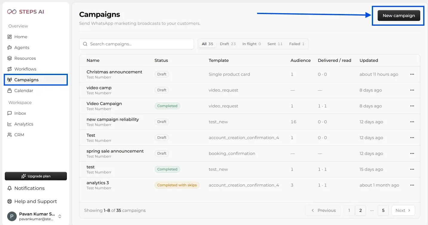 Steps AI Campaigns page listing WhatsApp broadcast campaigns and their status