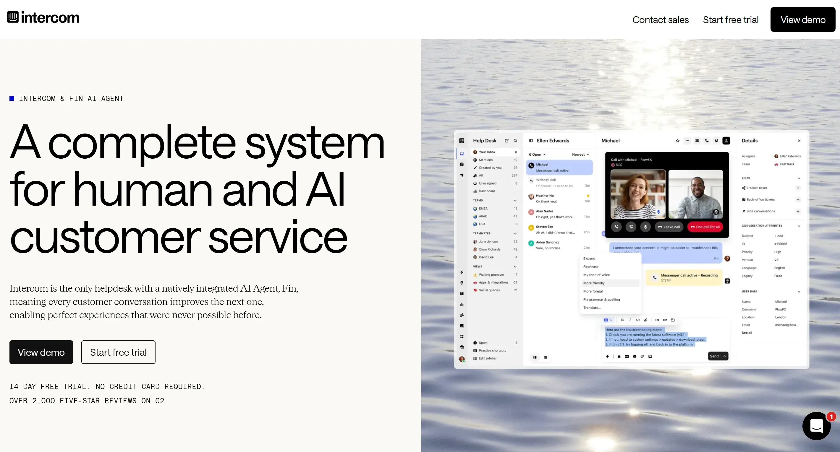 Intercom homepage showing its Fin AI Agent inside a shared help desk inbox with a live customer call