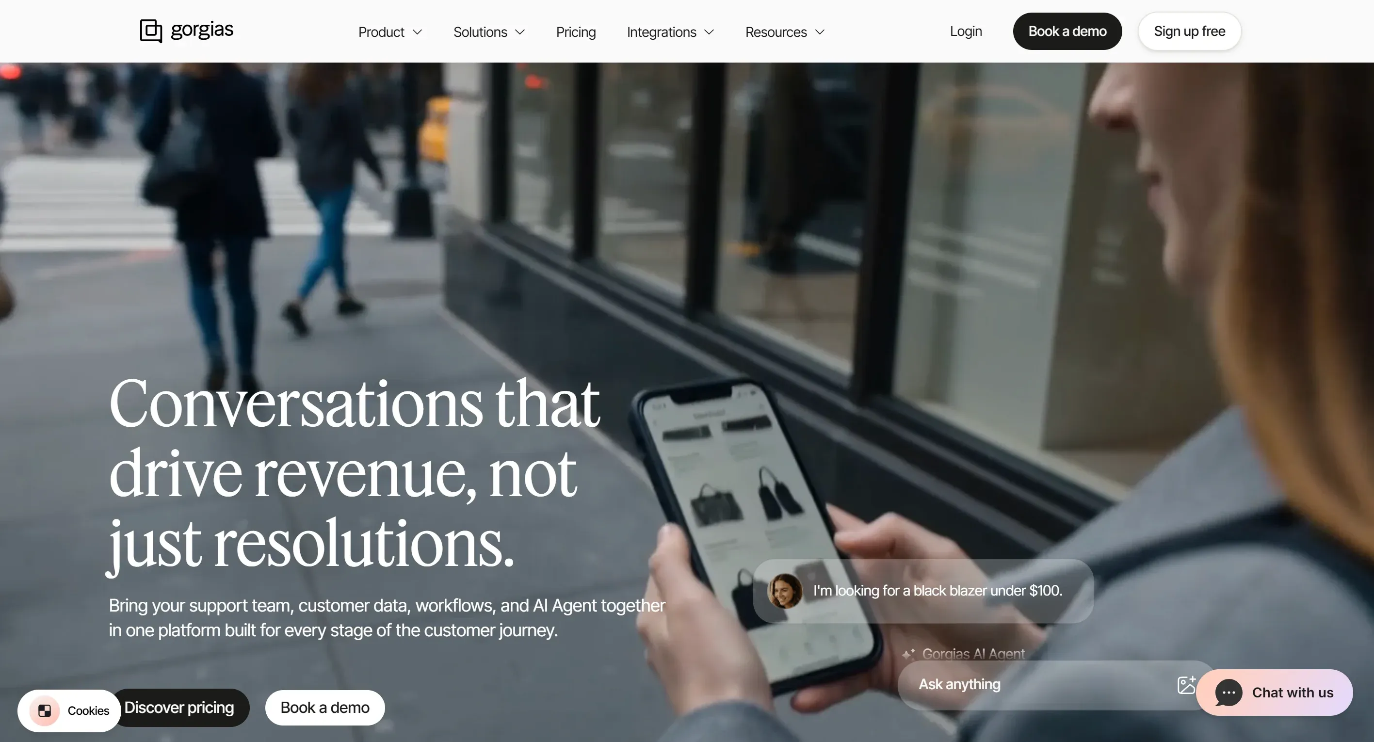 Gorgias homepage showing its AI Agent answering a shopper's product question on a mobile store