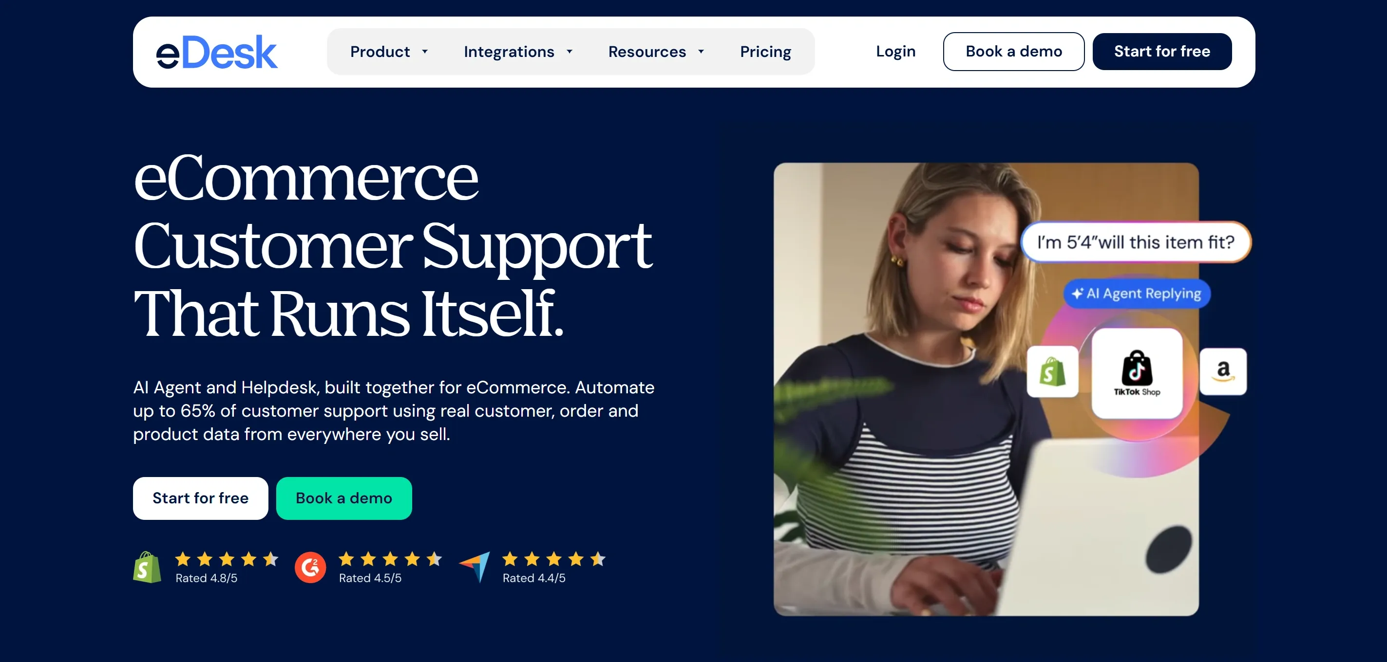 eDesk homepage showing its AI agent answering a sizing question with Shopify, TikTok Shop and Amazon connected