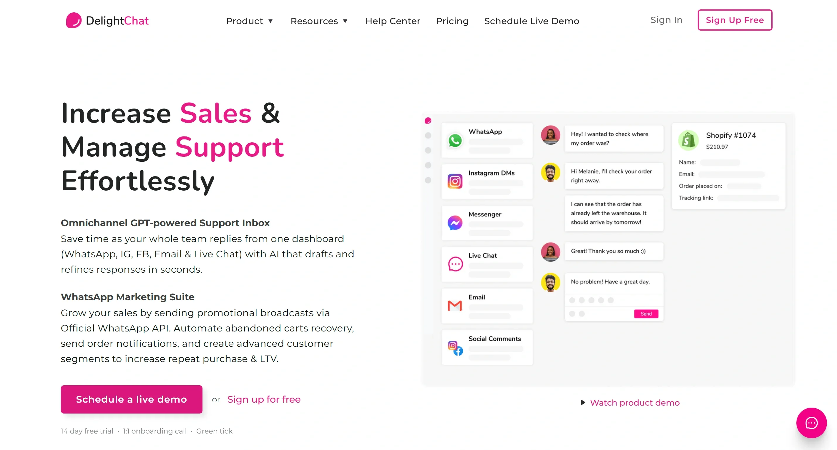 DelightChat inbox showing WhatsApp, Instagram, Messenger and email support beside Shopify order details
