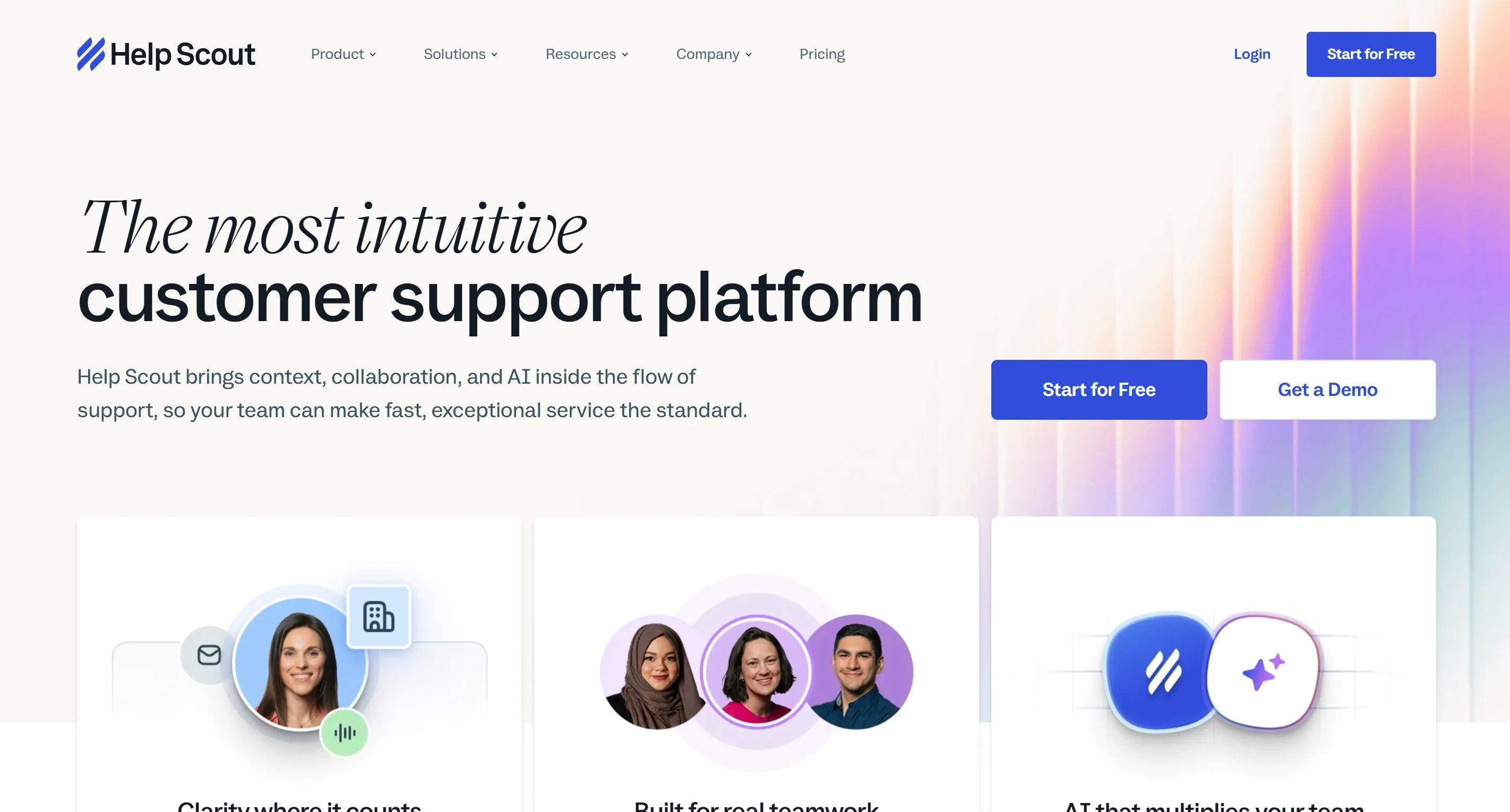 Help Scout homepage showing its shared inbox and AI tools built around human-led customer support