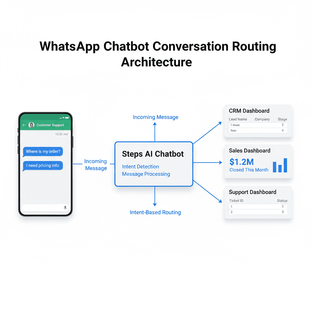 WhatsApp chatbot conversation routing architecture showing Steps AI Chatbot detecting intent and routing incoming messages to CRM, sales, and support dashboards