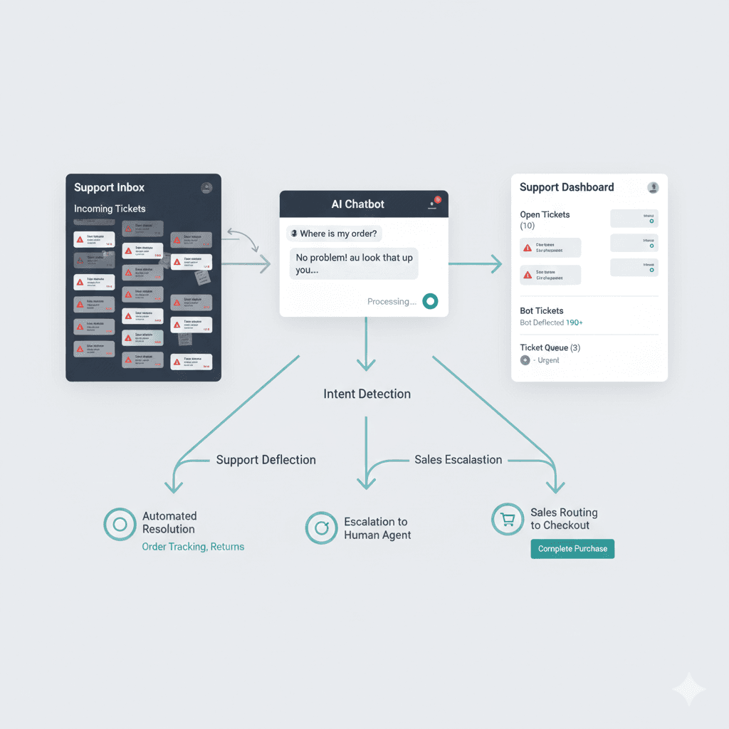 Shopify AI chatbot architecture showing support inbox ticket routing, intent detection, automated resolution, support deflection, human escalation, and sales routing to checkout