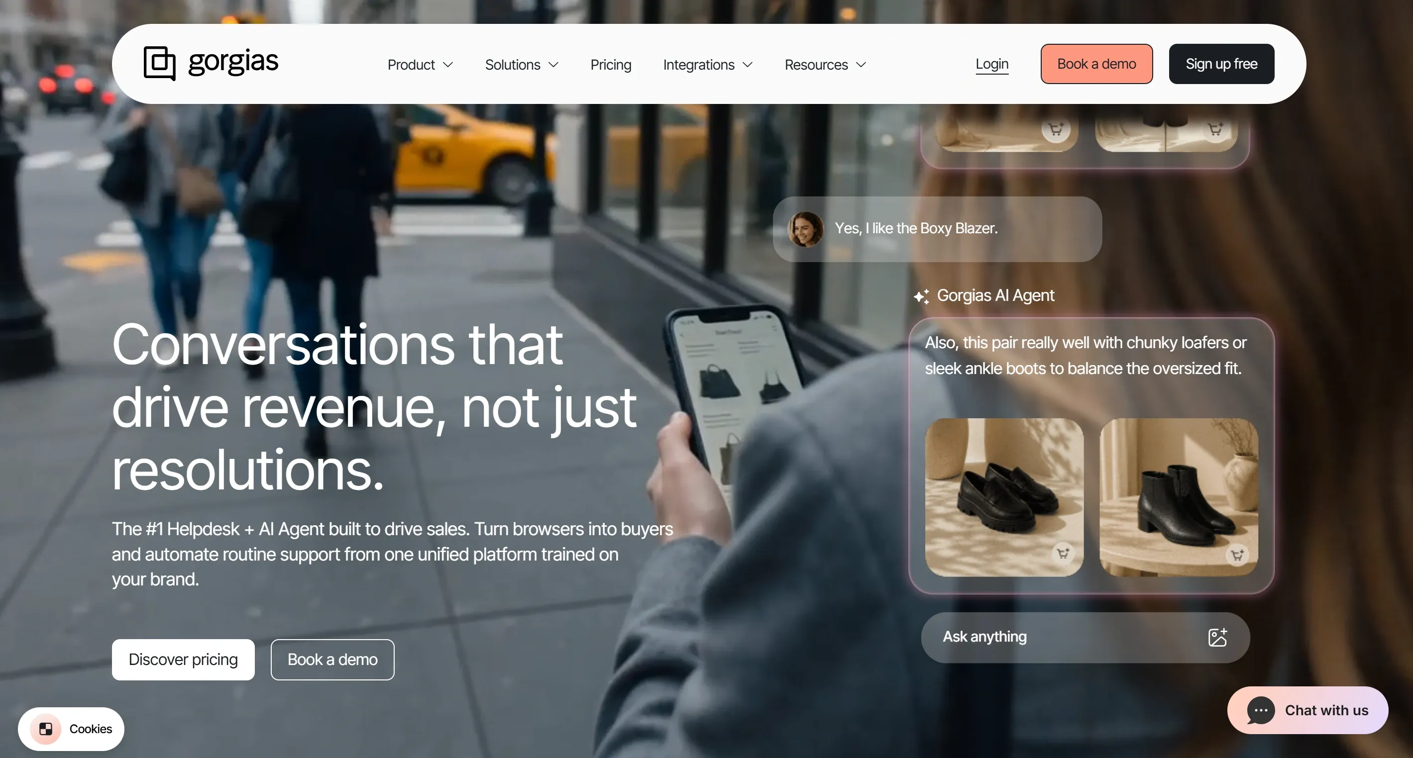 Gorgias homepage showing its ecommerce AI agent helping a shopper find a product over chat