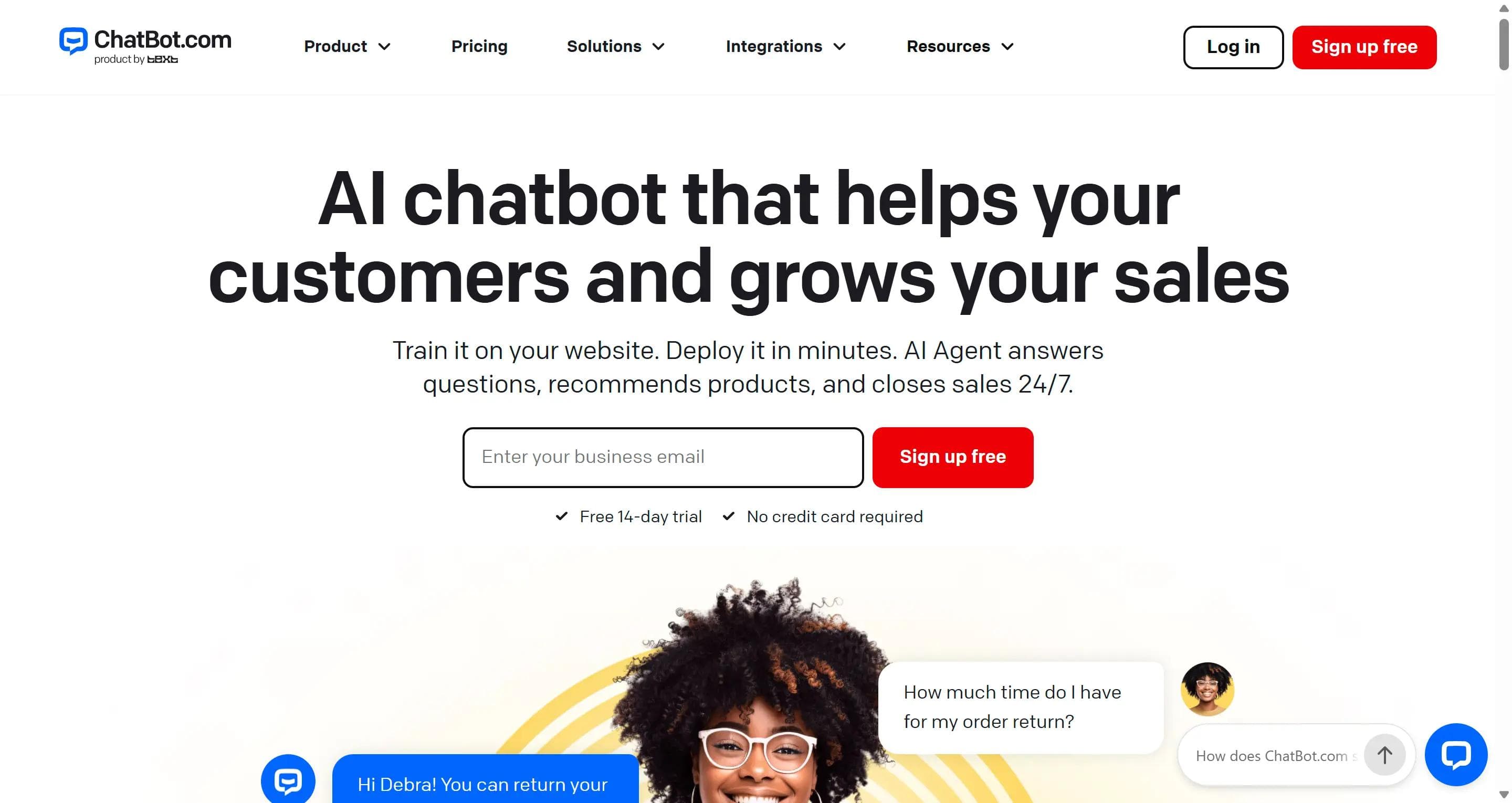 ChatBot homepage showing an AI chatbot trained on your website answering customer questions