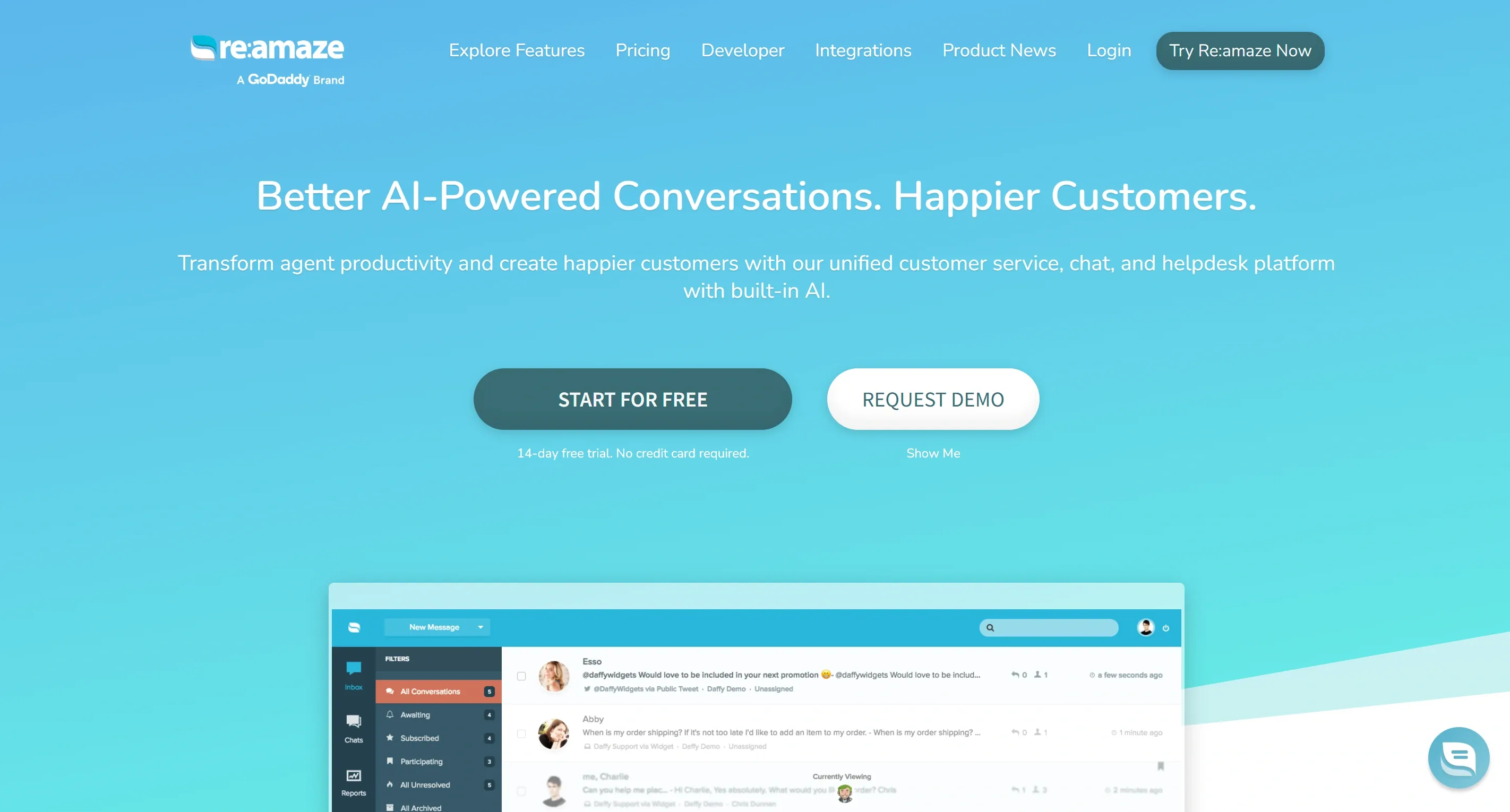 Re:amaze homepage showing its unified ecommerce helpdesk inbox with built-in AI and live chat