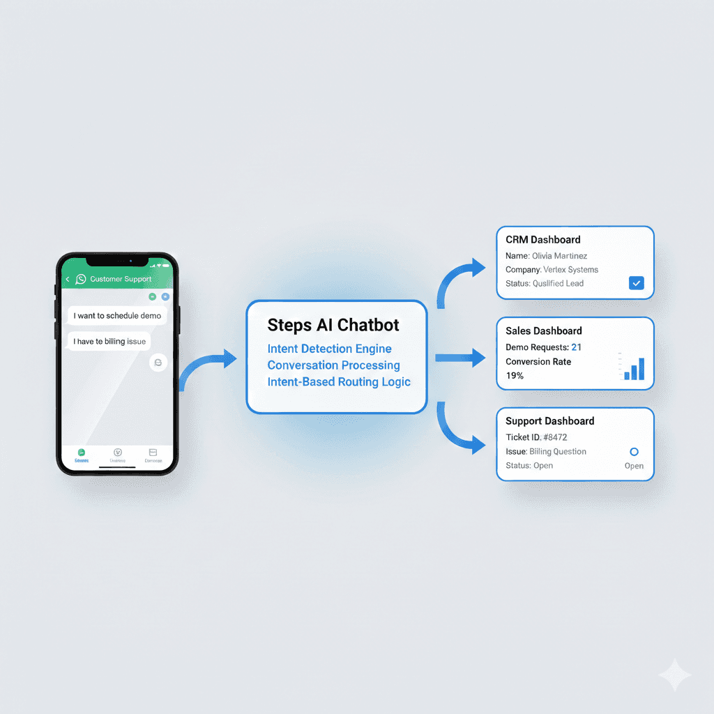 WhatsApp chatbot routing conversations to CRM, sales, and support dashboards using intent detection and automated conversation processingSteps AI Chatbot detects user intent and automatically routes WhatsApp conversations to the correct internal system such as CRM, sales, or support