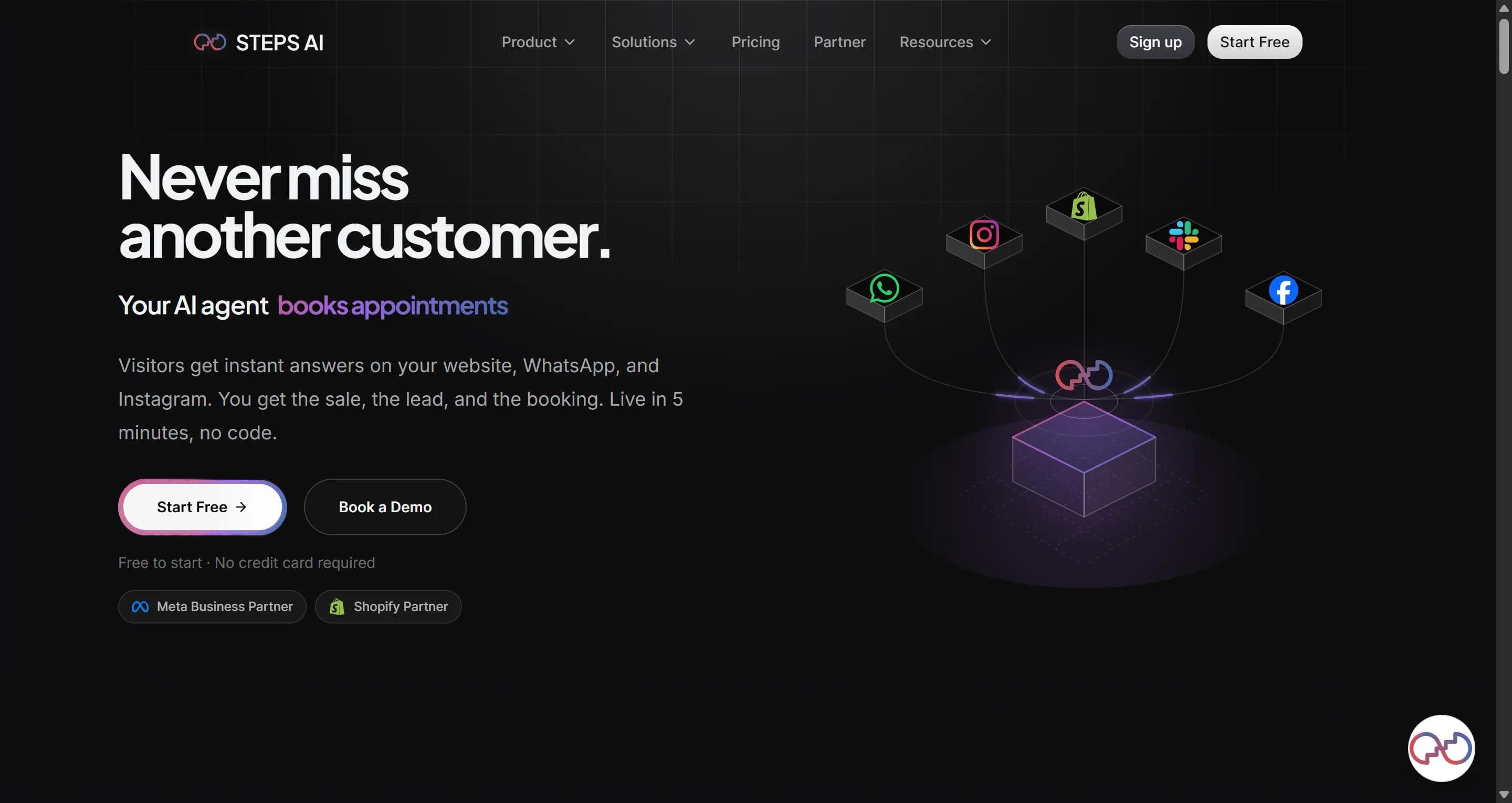 Steps AI homepage showing an AI agent that books appointments across WhatsApp, Instagram, and Shopify