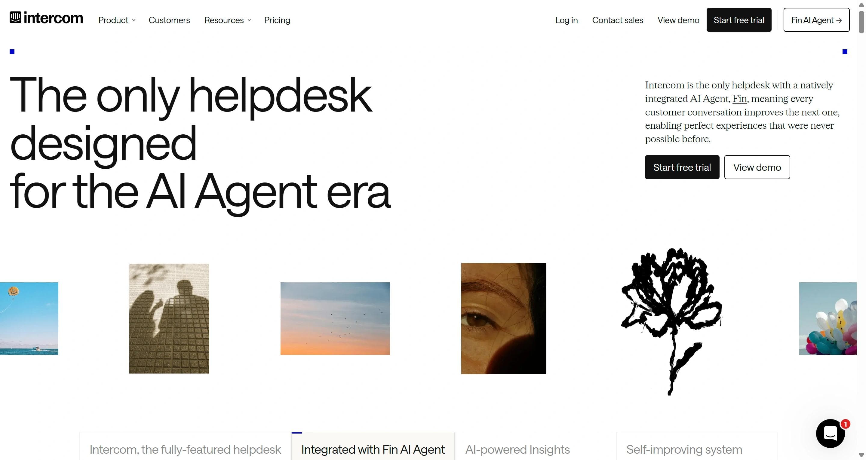 Intercom homepage positioning its helpdesk around the Fin AI Agent for customer support teams