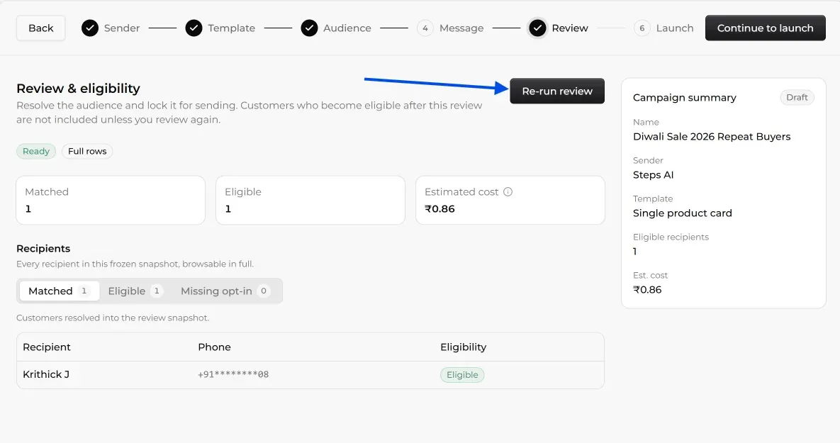 Running a review to check WhatsApp campaign eligibility in Steps AI