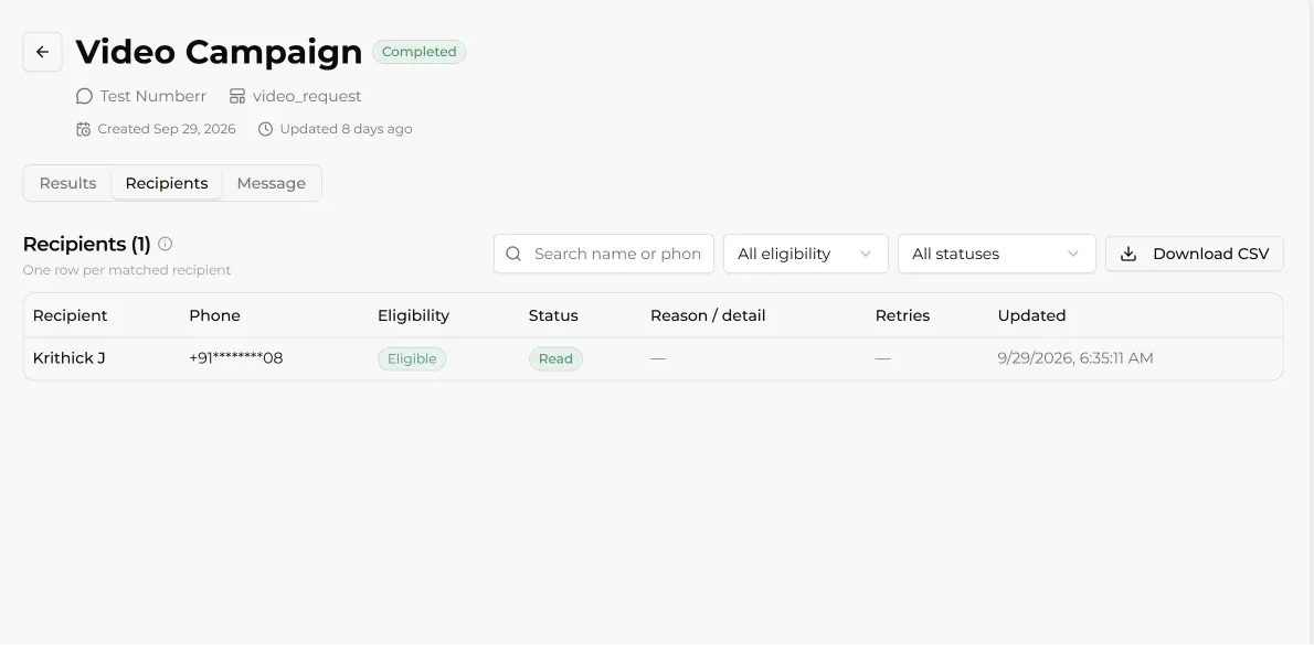 Per-recipient delivery status for a WhatsApp campaign in Steps AI