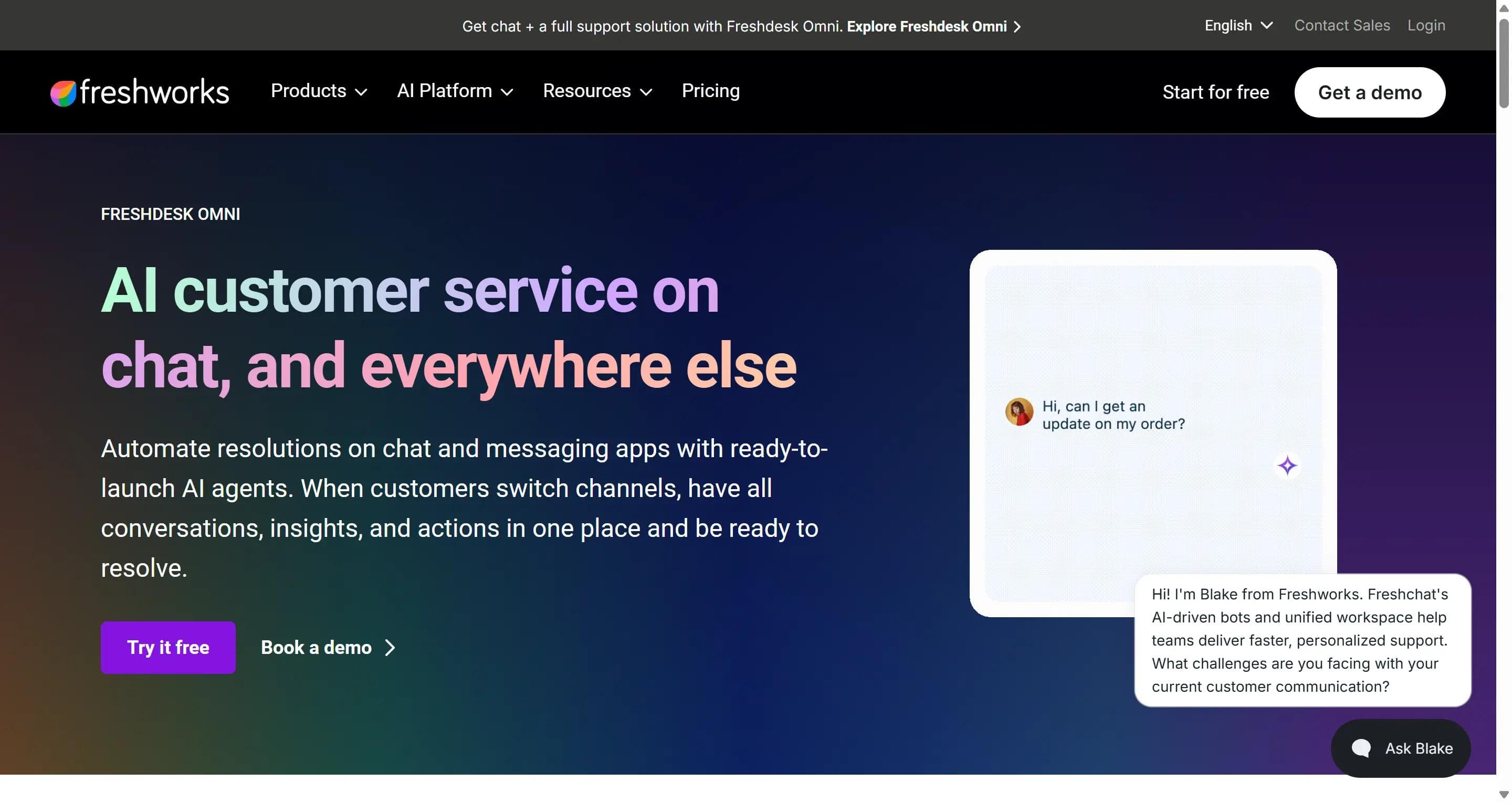 Freshdesk homepage showing AI customer service agents handling chat across messaging channels