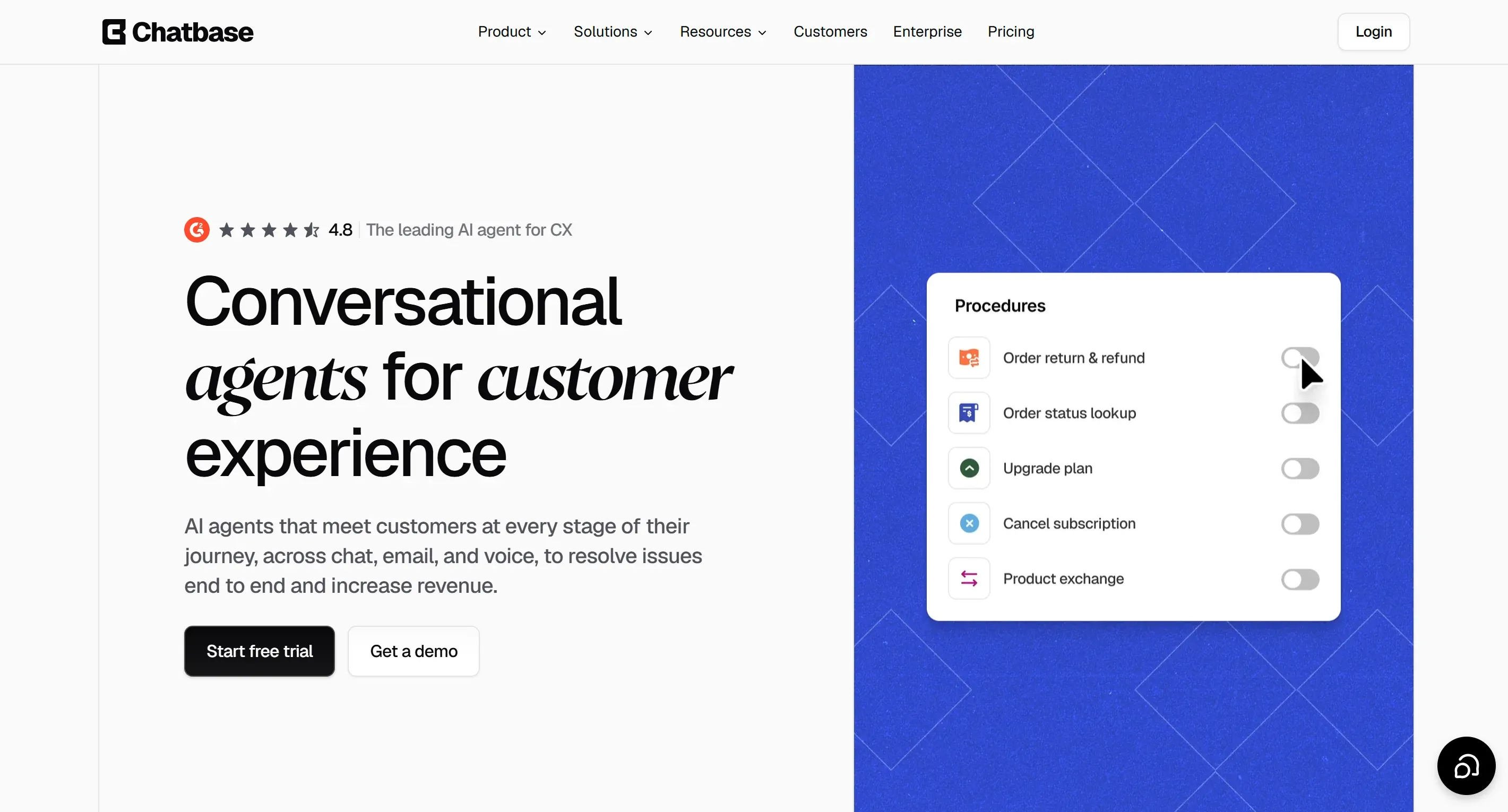 Chatbase homepage showing conversational AI agents with order lookup and refund procedures toggled on
