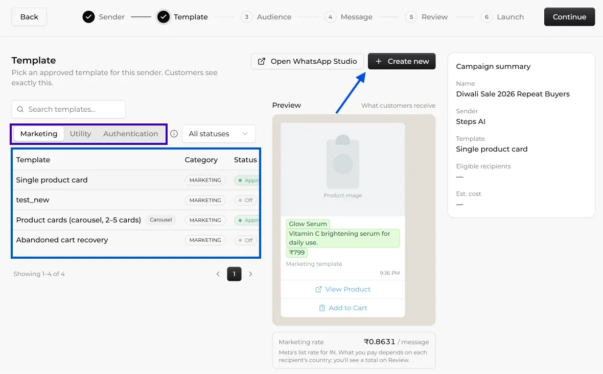 Picking an approved WhatsApp message template with a live preview in Steps AI