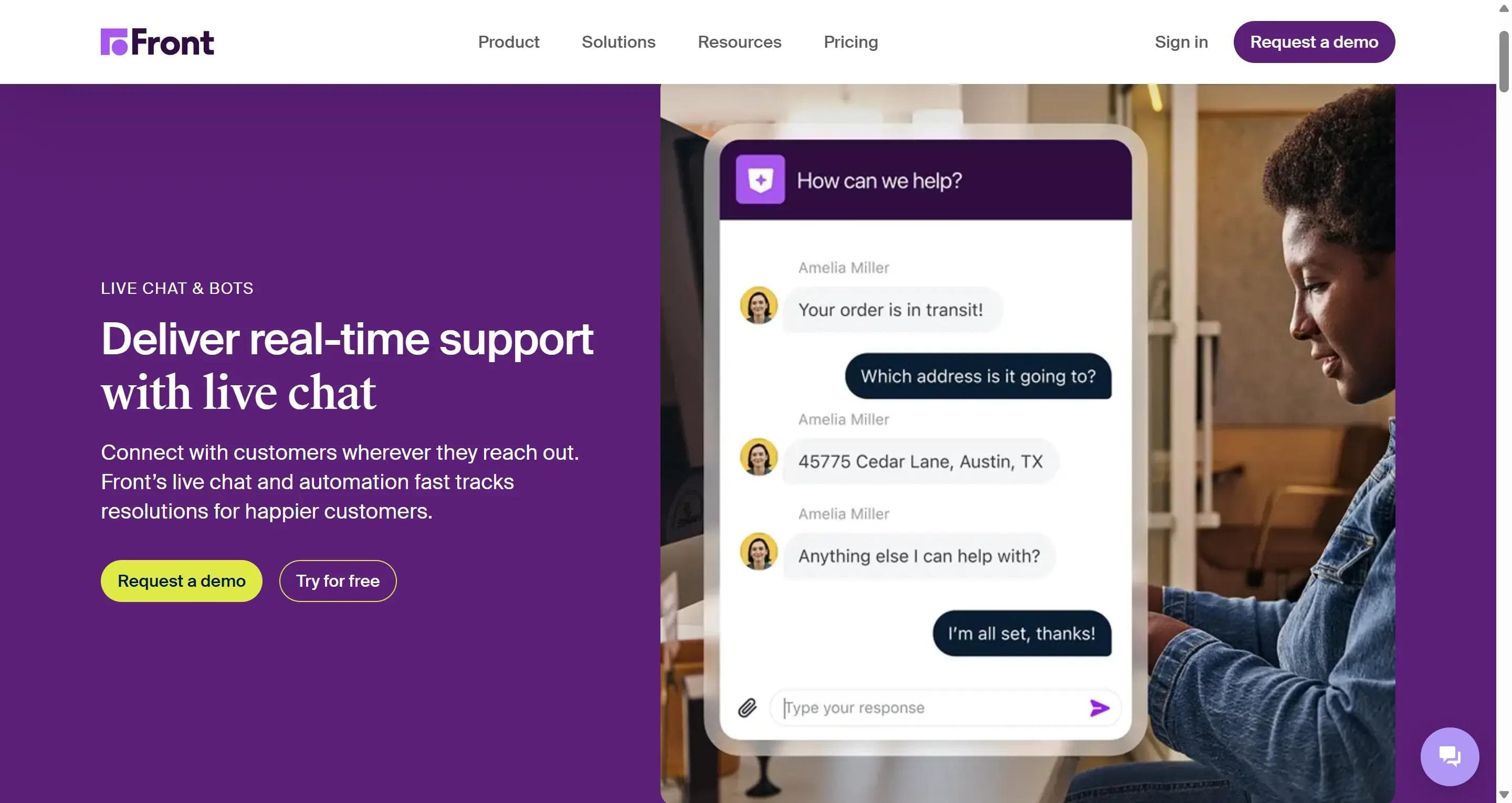 Front live chat and bots page showing an agent handling a customer order query in real time
