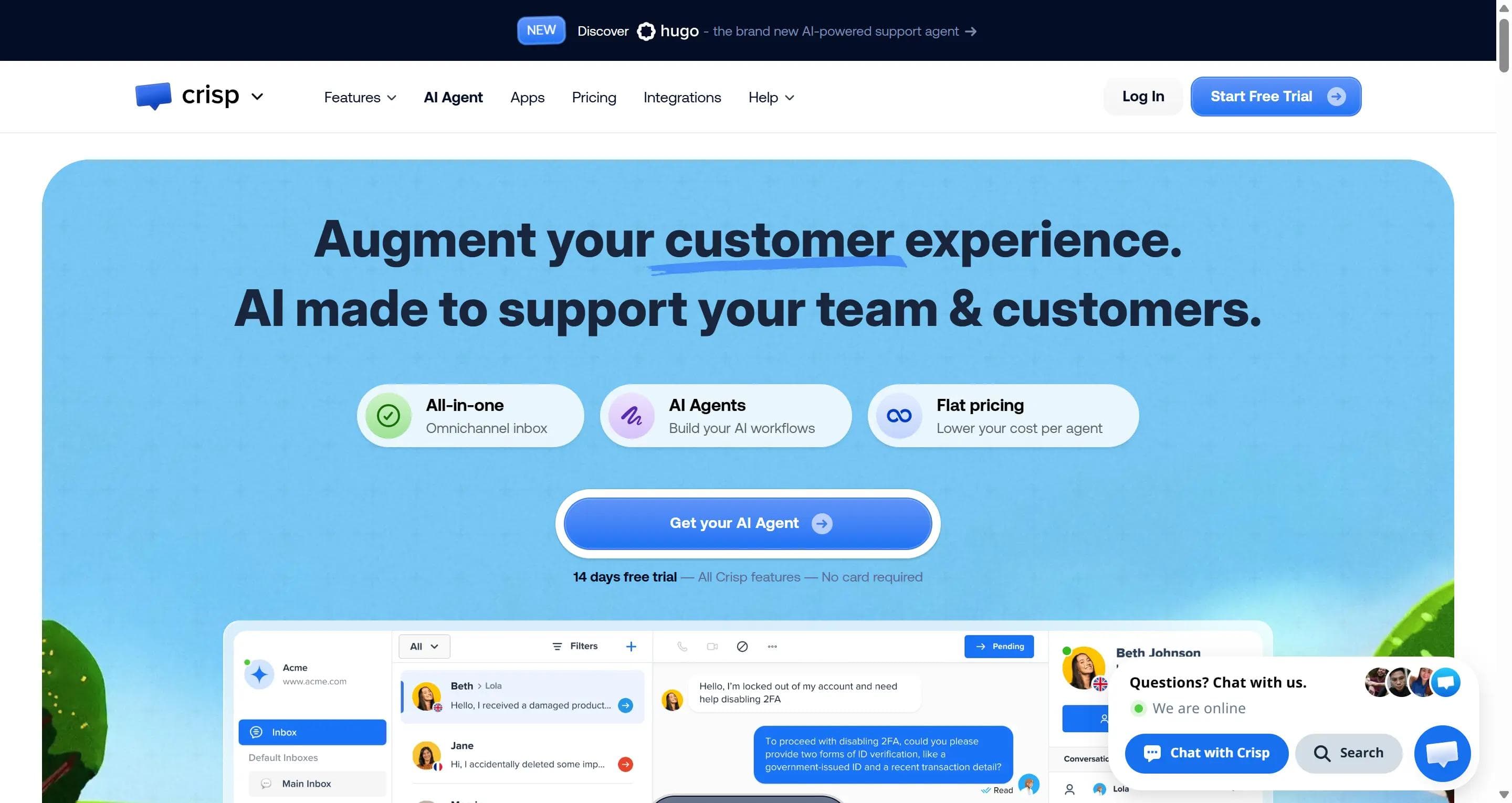 Crisp homepage showing its omnichannel shared inbox, AI agents, and flat pricing for support teams