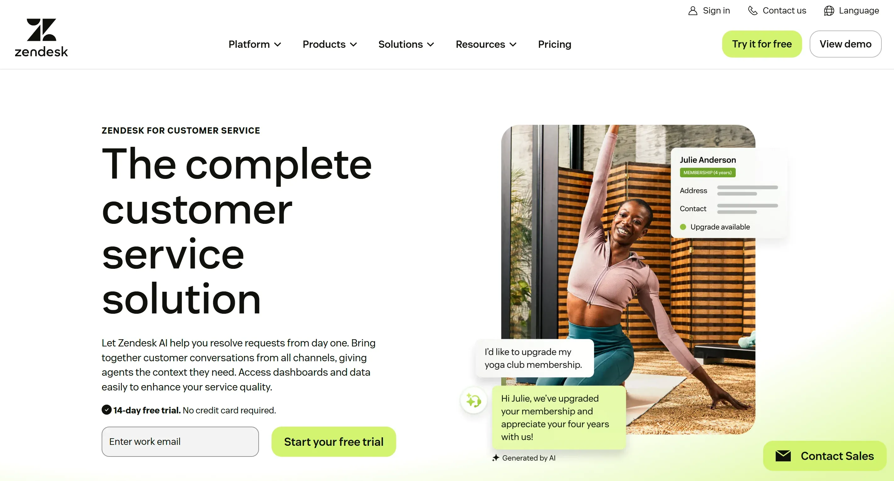 Zendesk customer service homepage showing an AI-generated reply to a membership upgrade request
