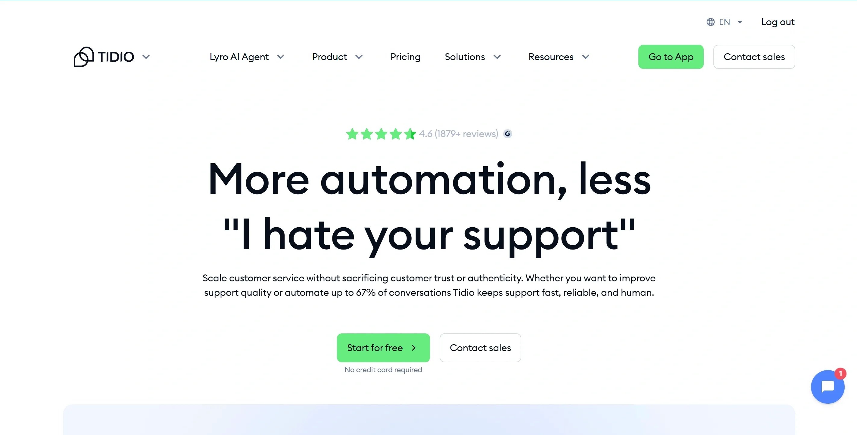 Tidio homepage showing its live chat and Lyro AI agent for automating customer support conversations