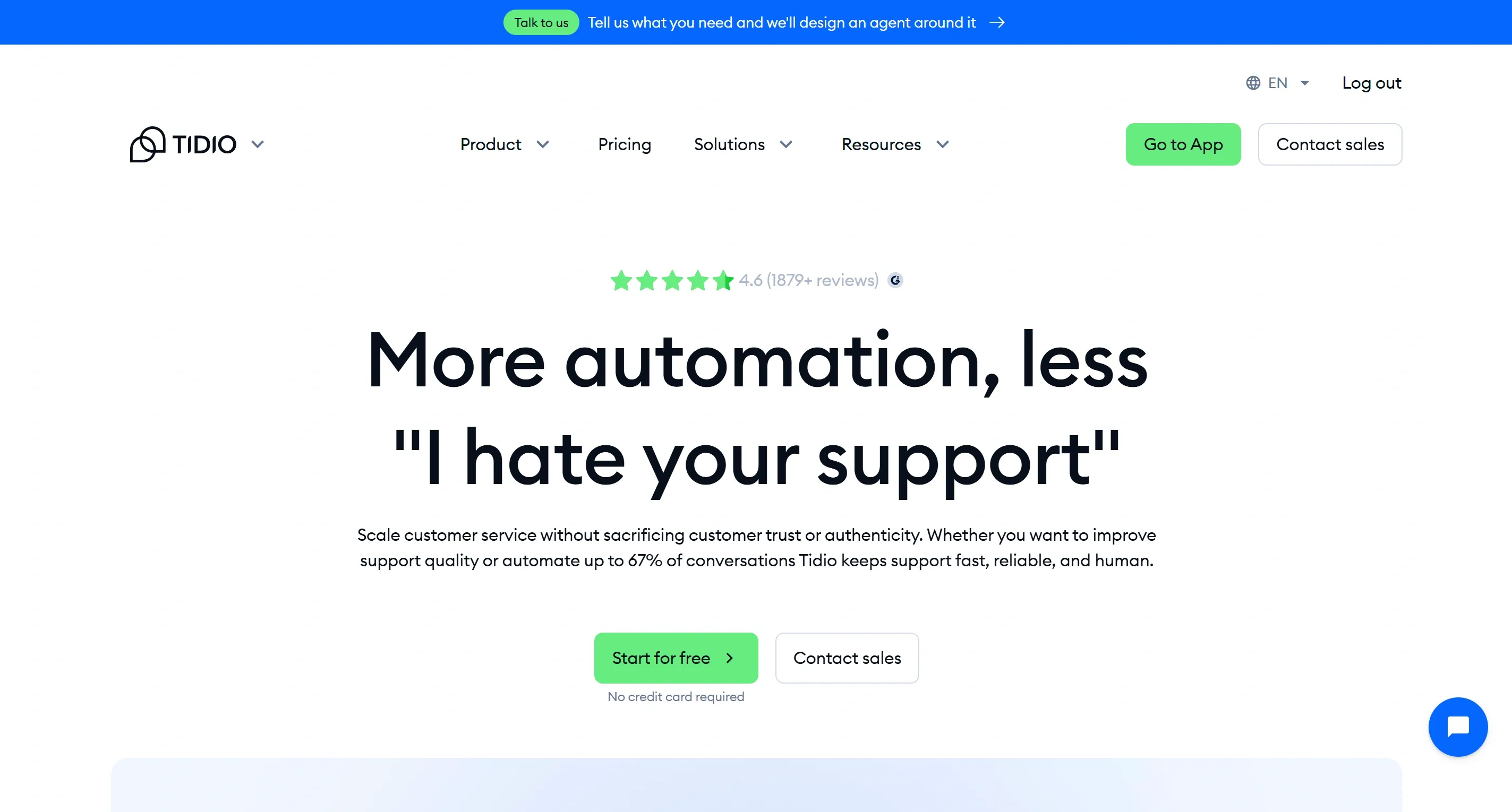 Tidio homepage showing customer service automation claims and its 4.6 G2 rating