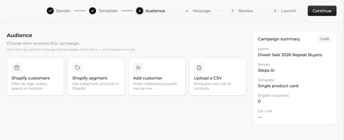 Choosing a WhatsApp campaign audience from Shopify customers, a Shopify segment, or a CSV in Steps AI - Part 1