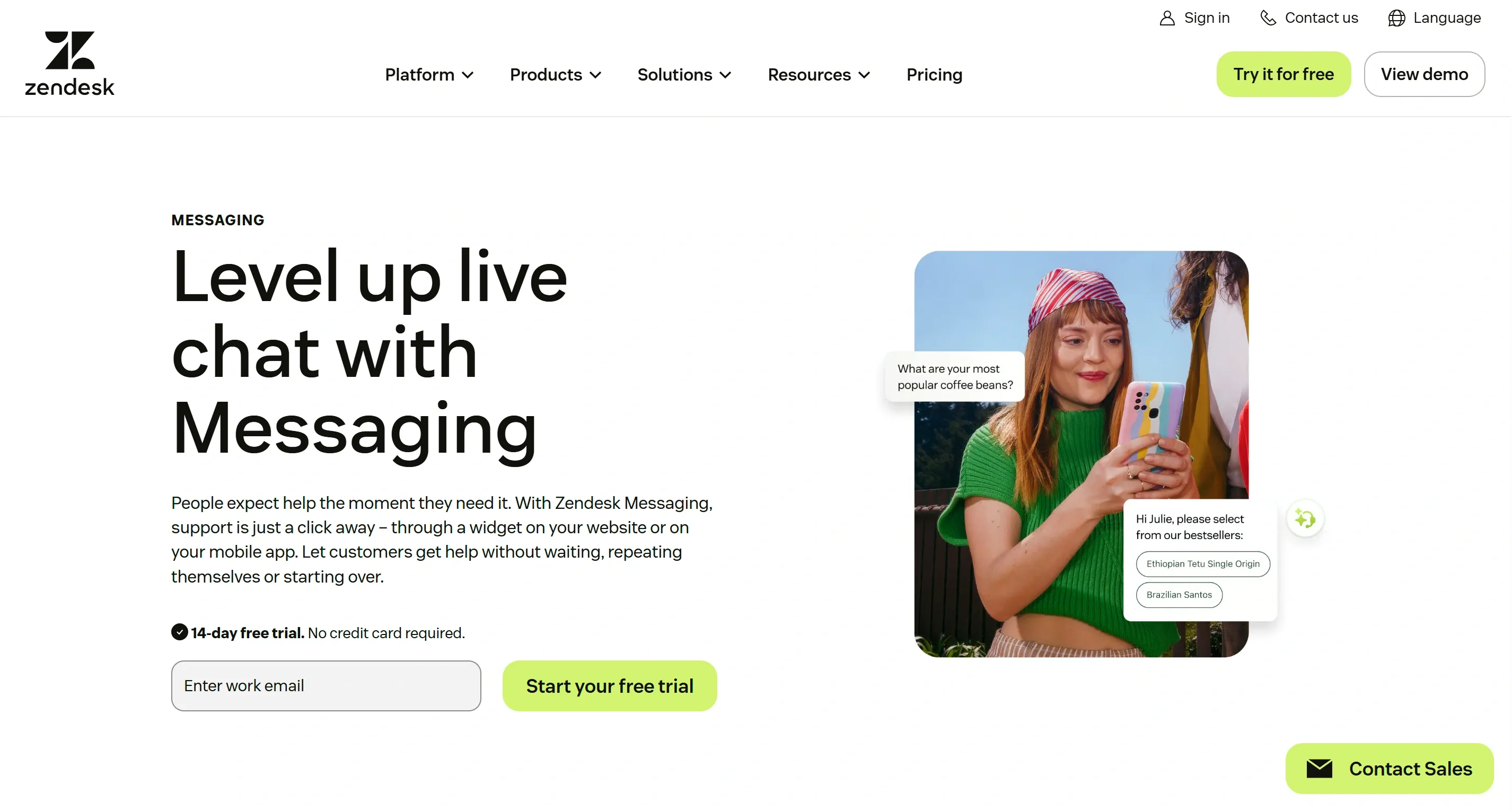 Zendesk Messaging page showing live chat support through a website widget and mobile app