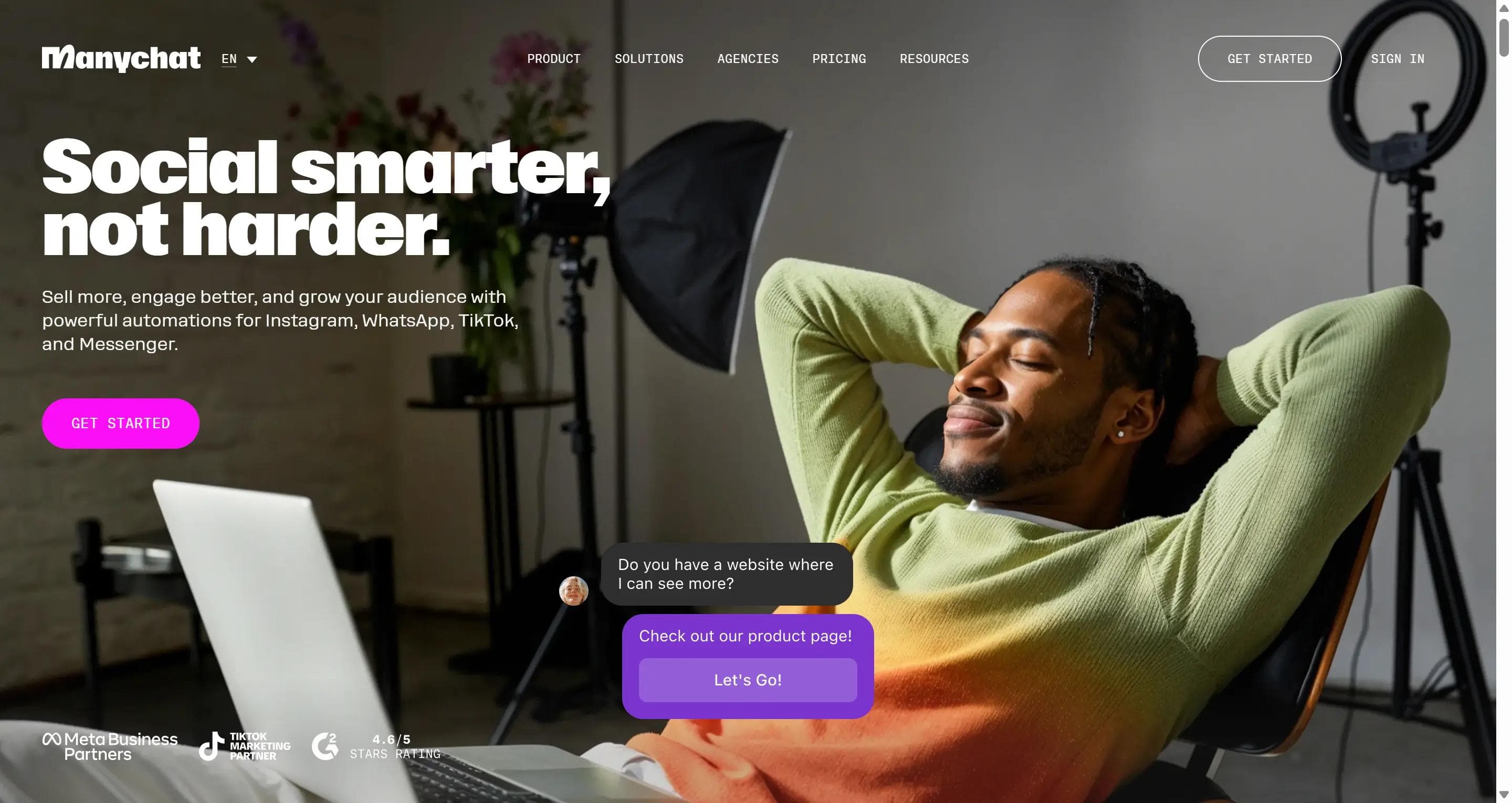 Manychat homepage showing chat automation for Instagram, WhatsApp, TikTok, and Messenger