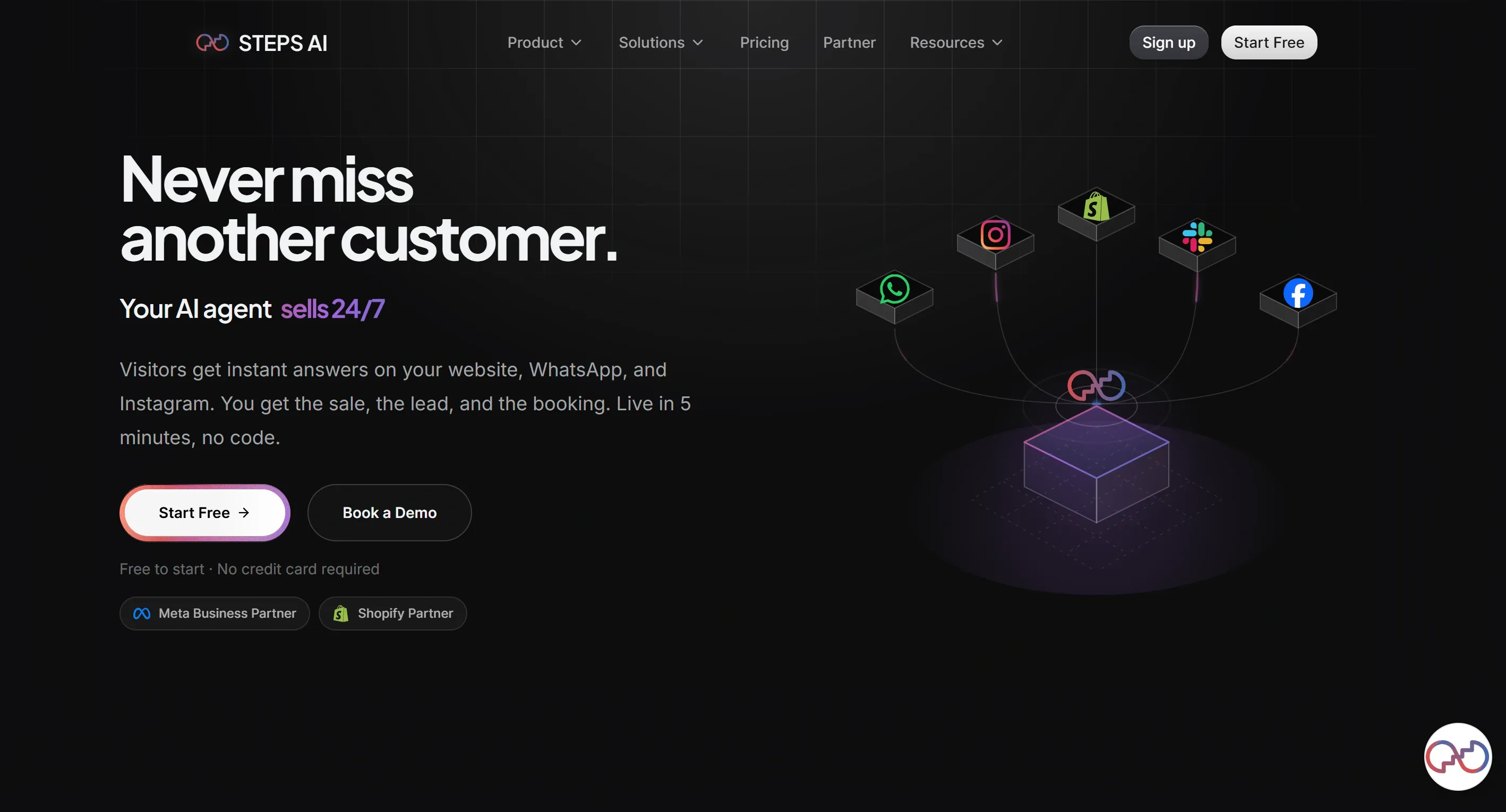 Steps AI homepage showing an AI agent that books appointments across WhatsApp, Instagram, and Shopify