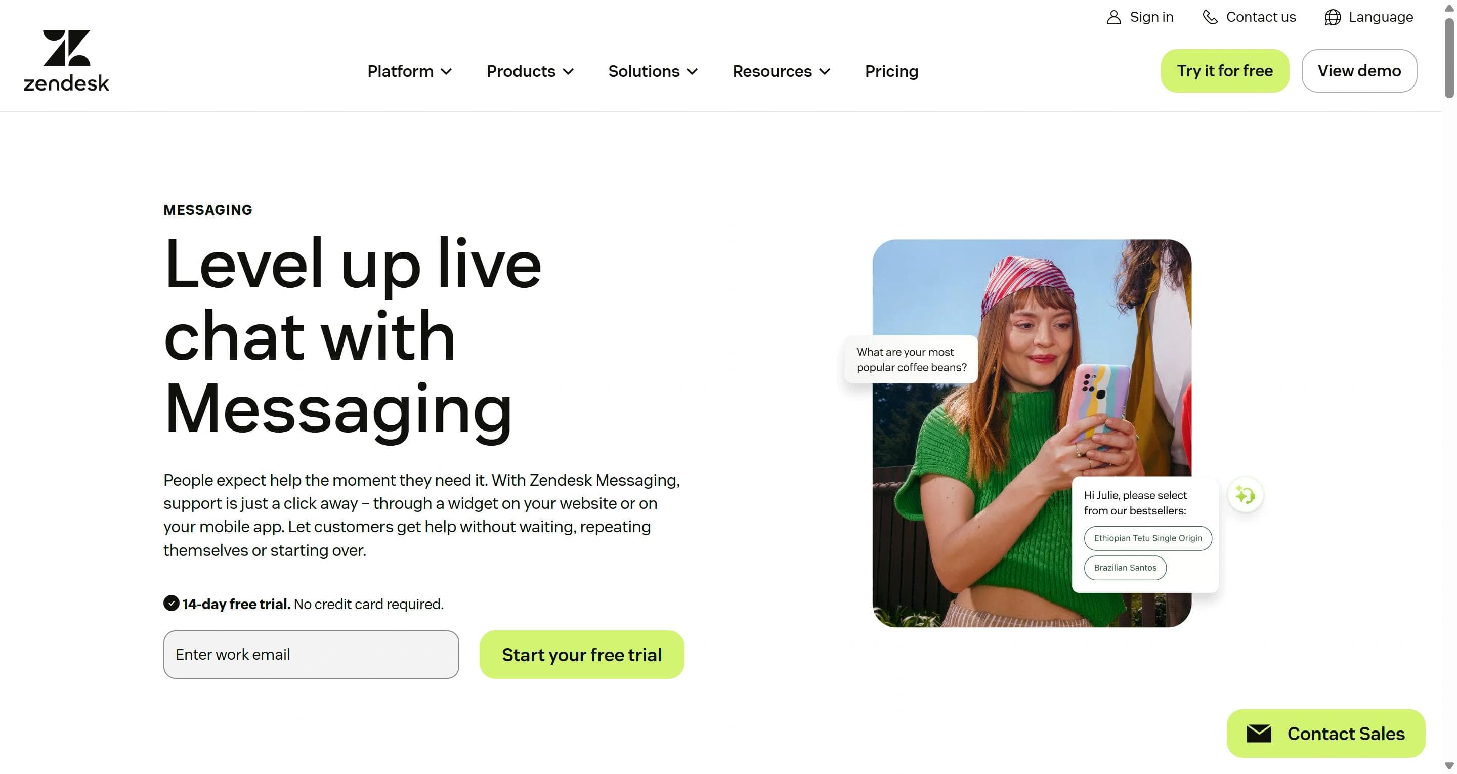 Zendesk Messaging page showing live chat support through a website widget and mobile app