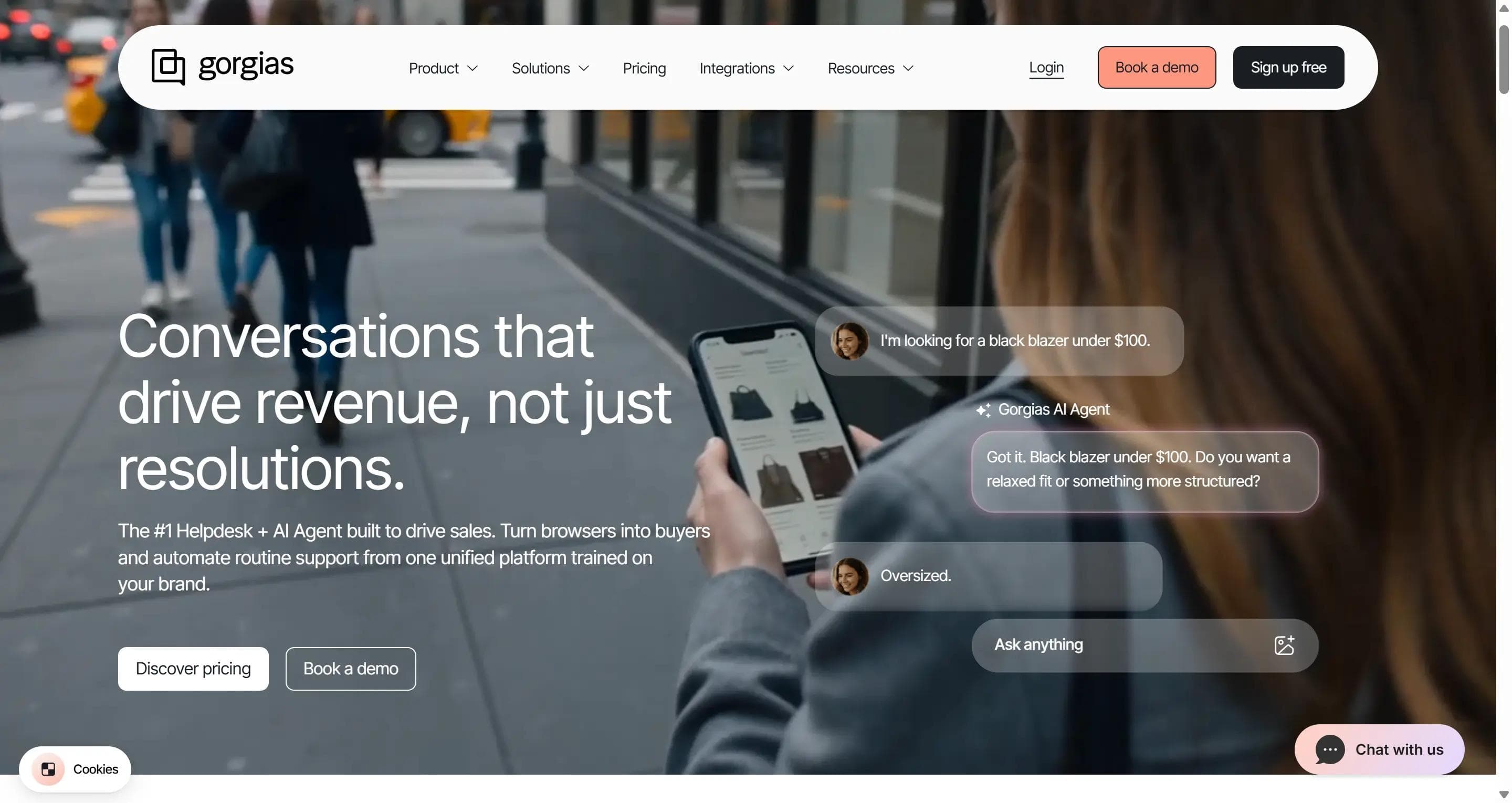 Gorgias homepage showing its ecommerce AI agent helping a shopper find a product over chat