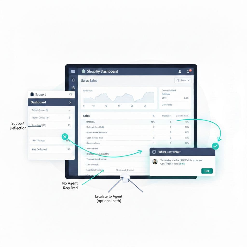 Shopify chatbot reducing support load through automated resolution, support deflection, and intelligent routing with optional escalation to human agents