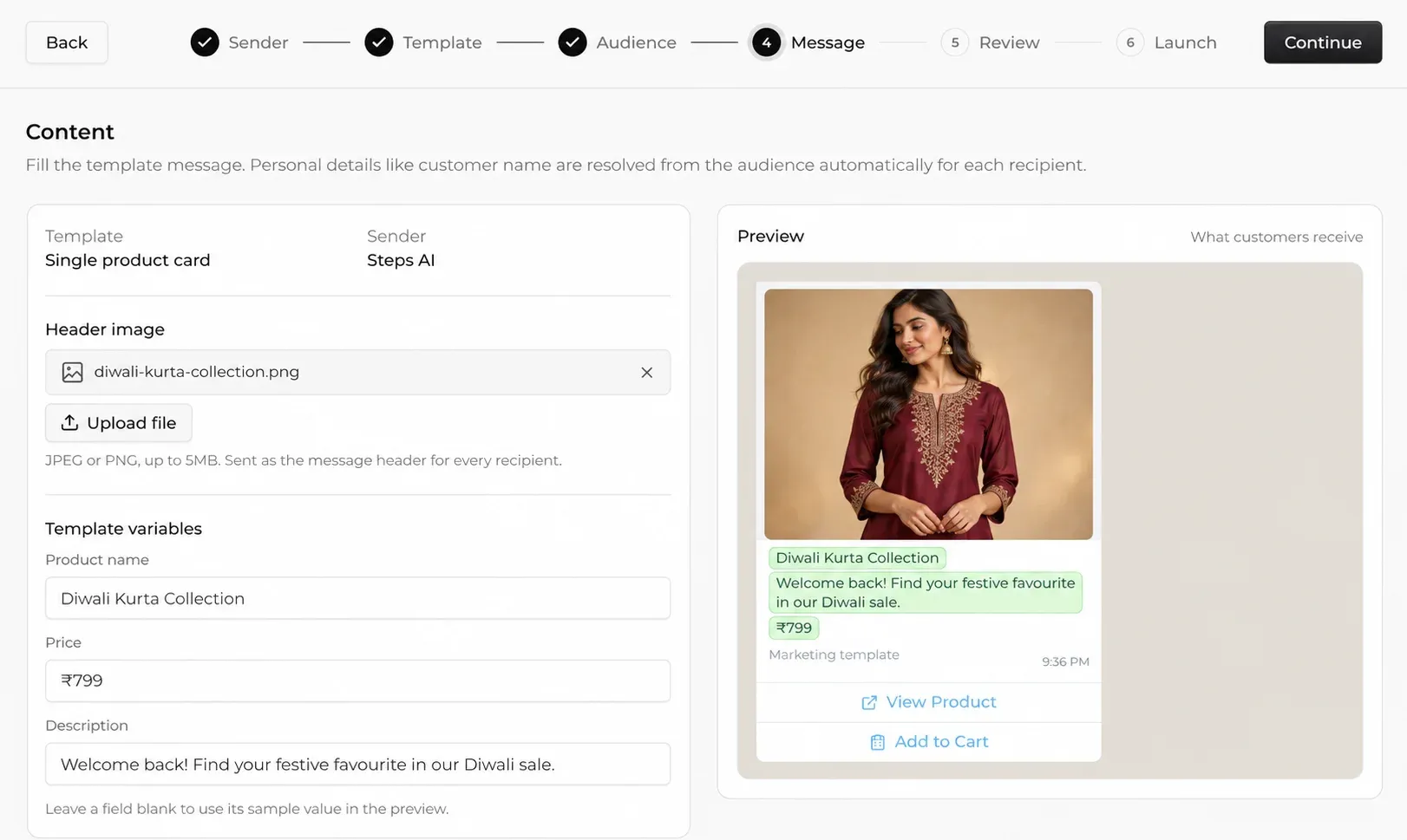 Filling in WhatsApp template variables and a header image with a live preview in Steps AI