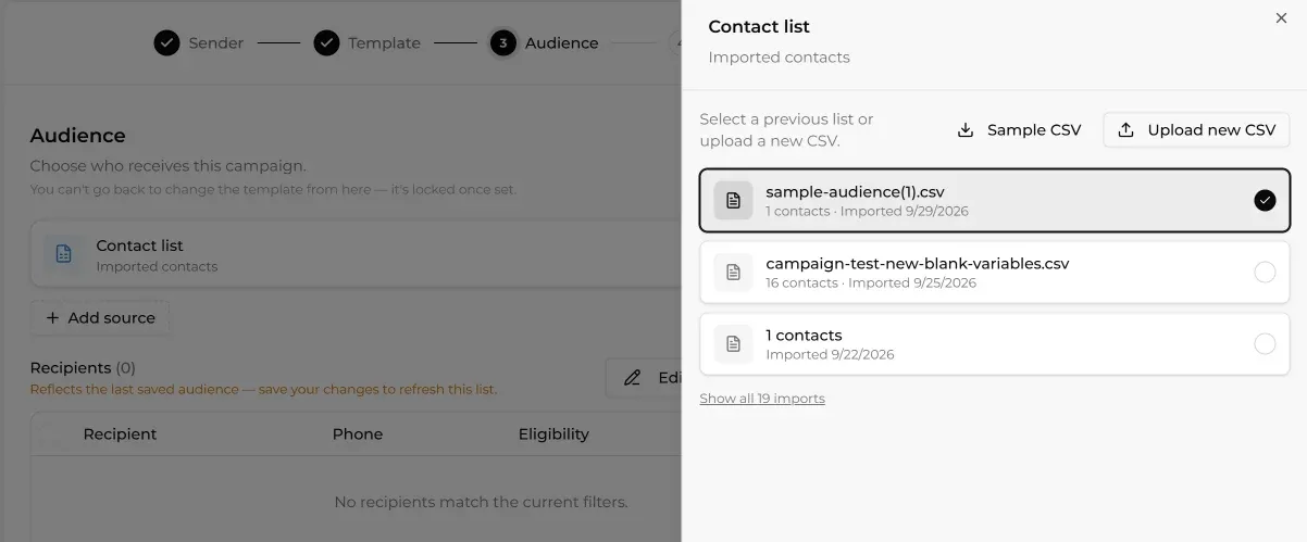 Choosing a WhatsApp campaign audience from Shopify customers, a Shopify segment, or a CSV in Steps AI - Part 2
