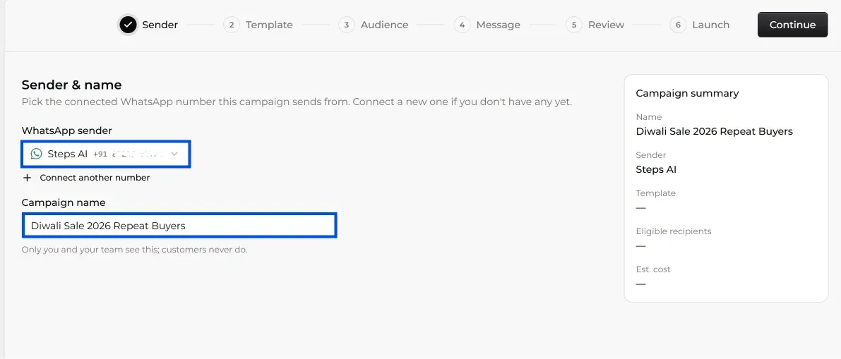 Choosing a WhatsApp sender number and campaign name in Steps AI