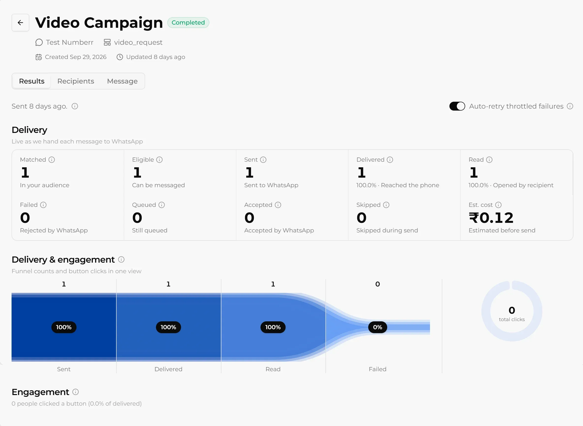 WhatsApp broadcast campaign results showing sent, delivered, read, and clicks in Steps AI