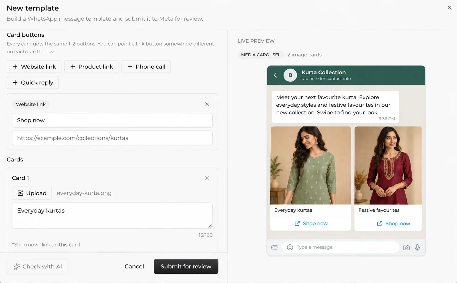 Creating a WhatsApp message template with variables, footer, and buttons in Steps AI - Part 2
