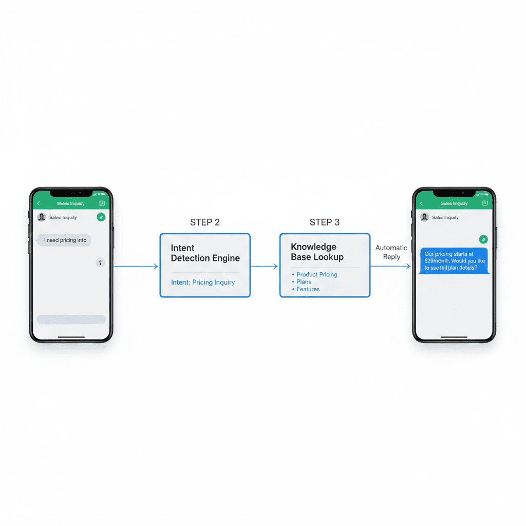 WhatsApp chatbot detecting pricing inquiry intent and generating automatic reply using knowledge base lookup and intent detection engine