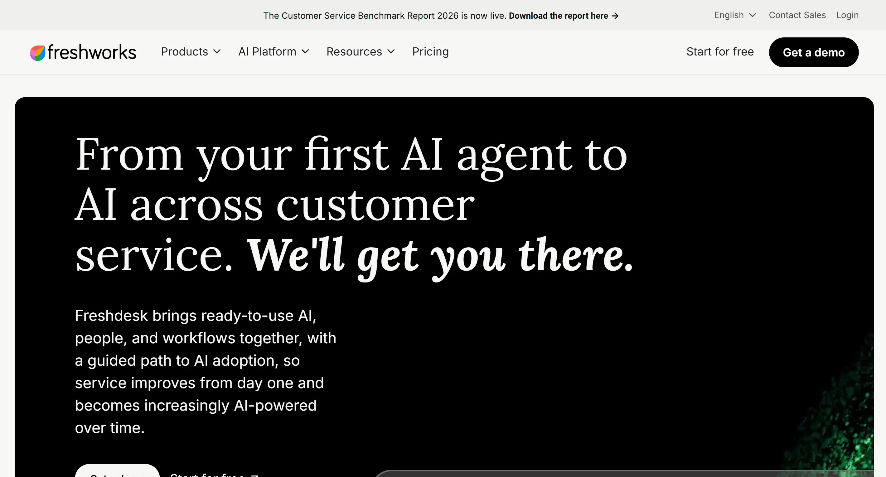 Freshworks homepage promoting Freshdesk AI agents and a guided path to AI customer service