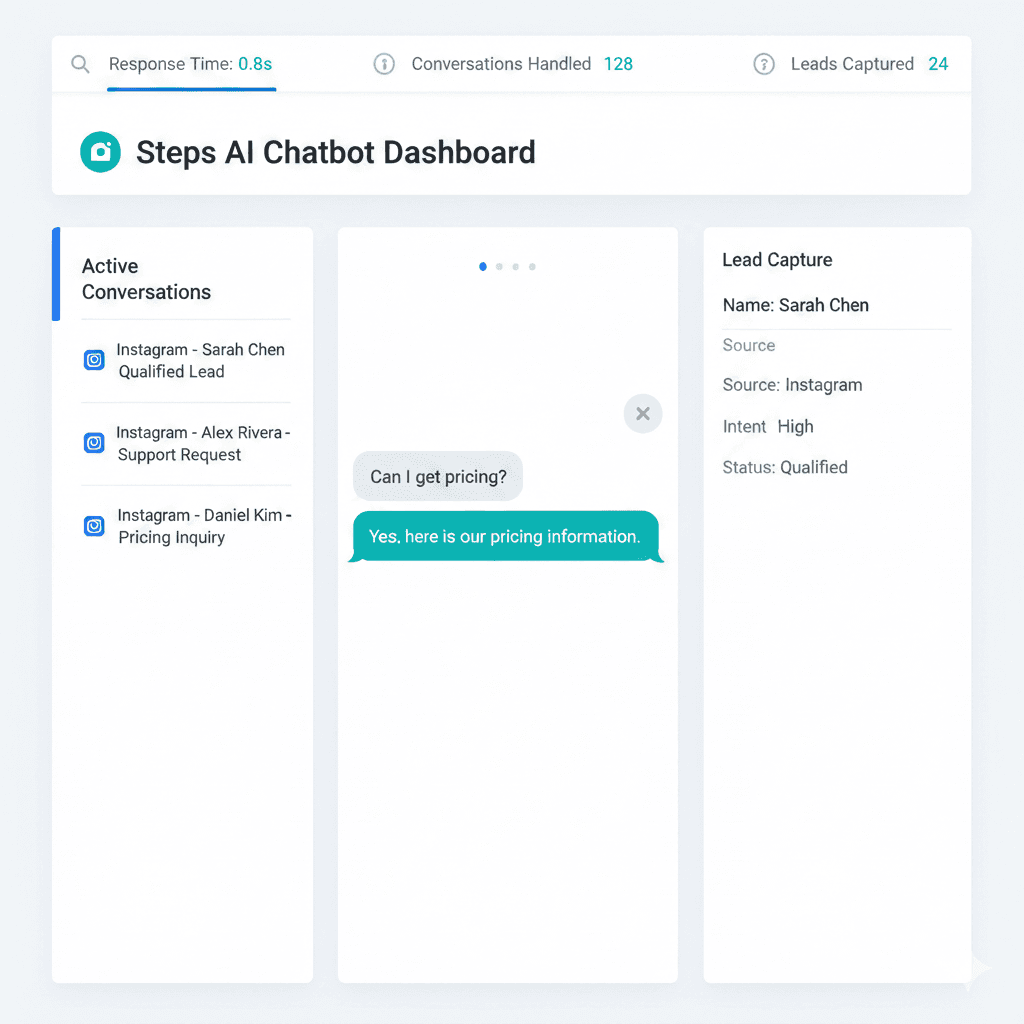 Steps AI Chatbot dashboard showing automated Instagram conversations, real-time responses, and lead capture with CRM integration and qualified lead data.