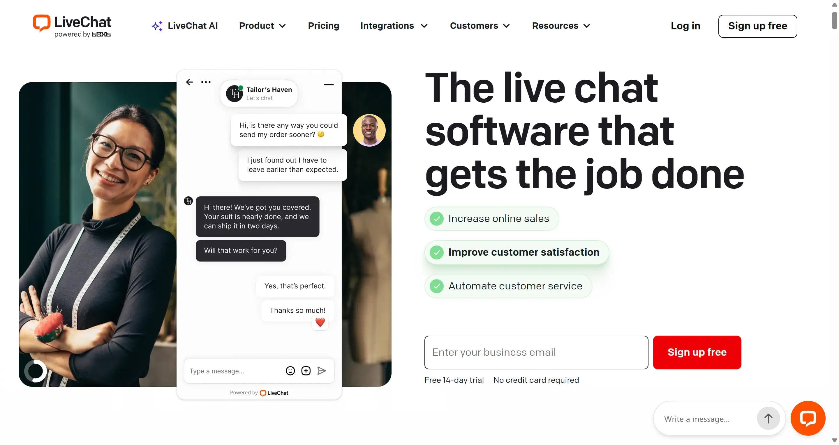 LiveChat homepage showing a live chat widget resolving a customer order question in real time
