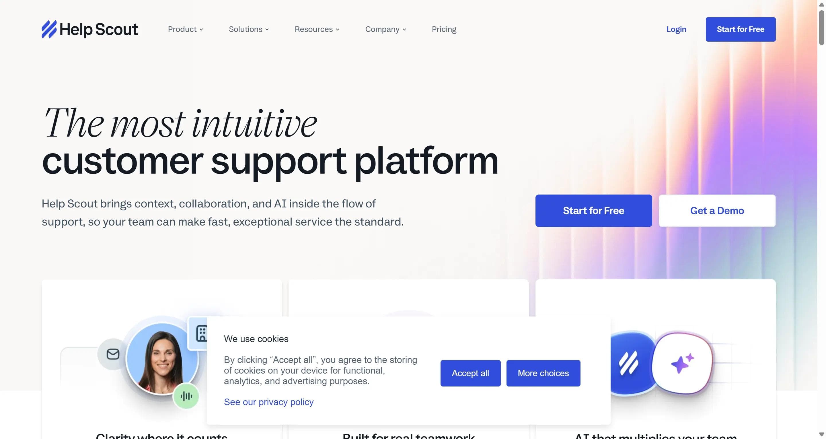 Help Scout homepage positioning it as an intuitive customer support platform with built-in AI
