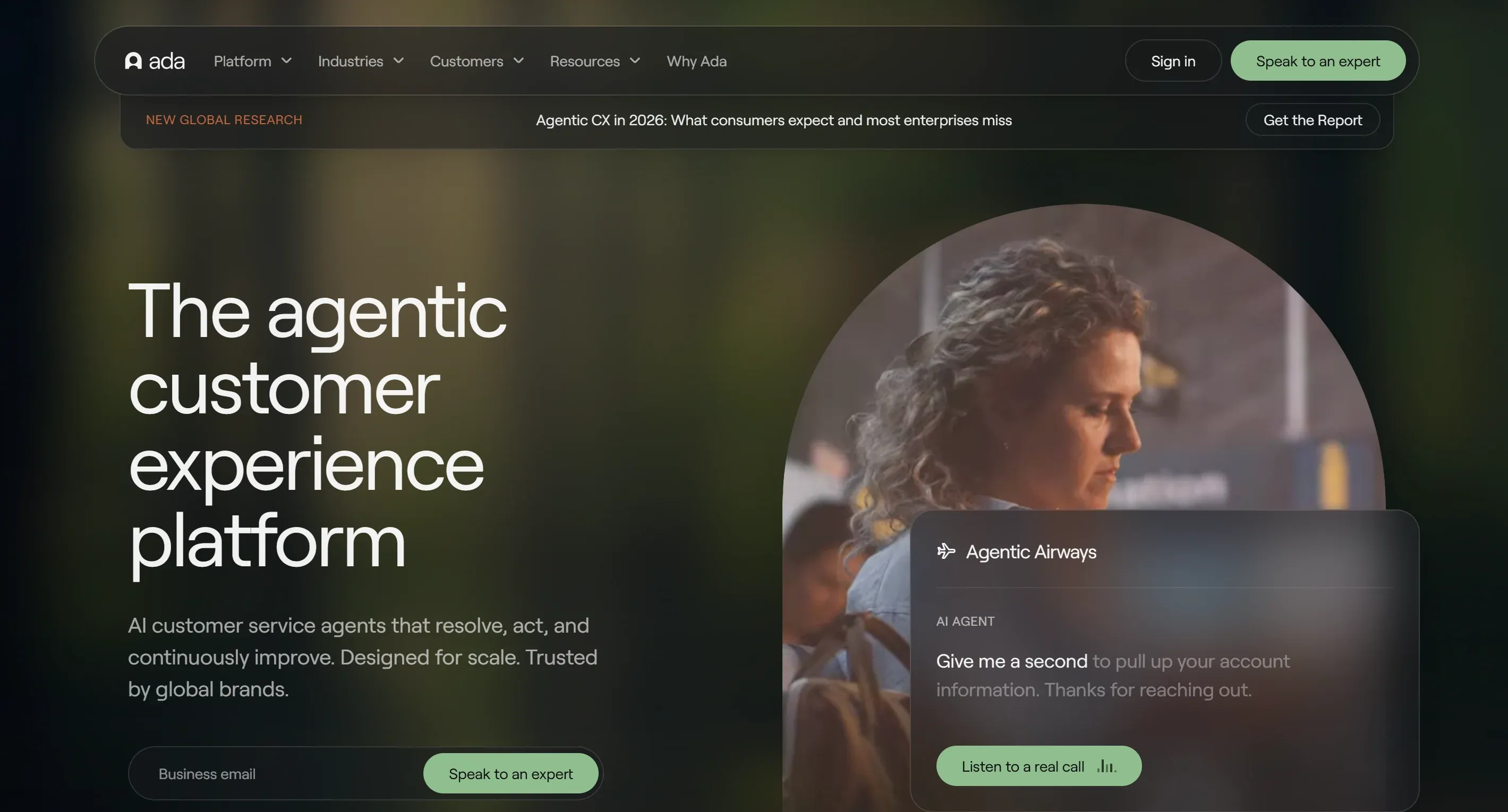 Ada homepage showing its AI customer service agent handling an airline account lookup