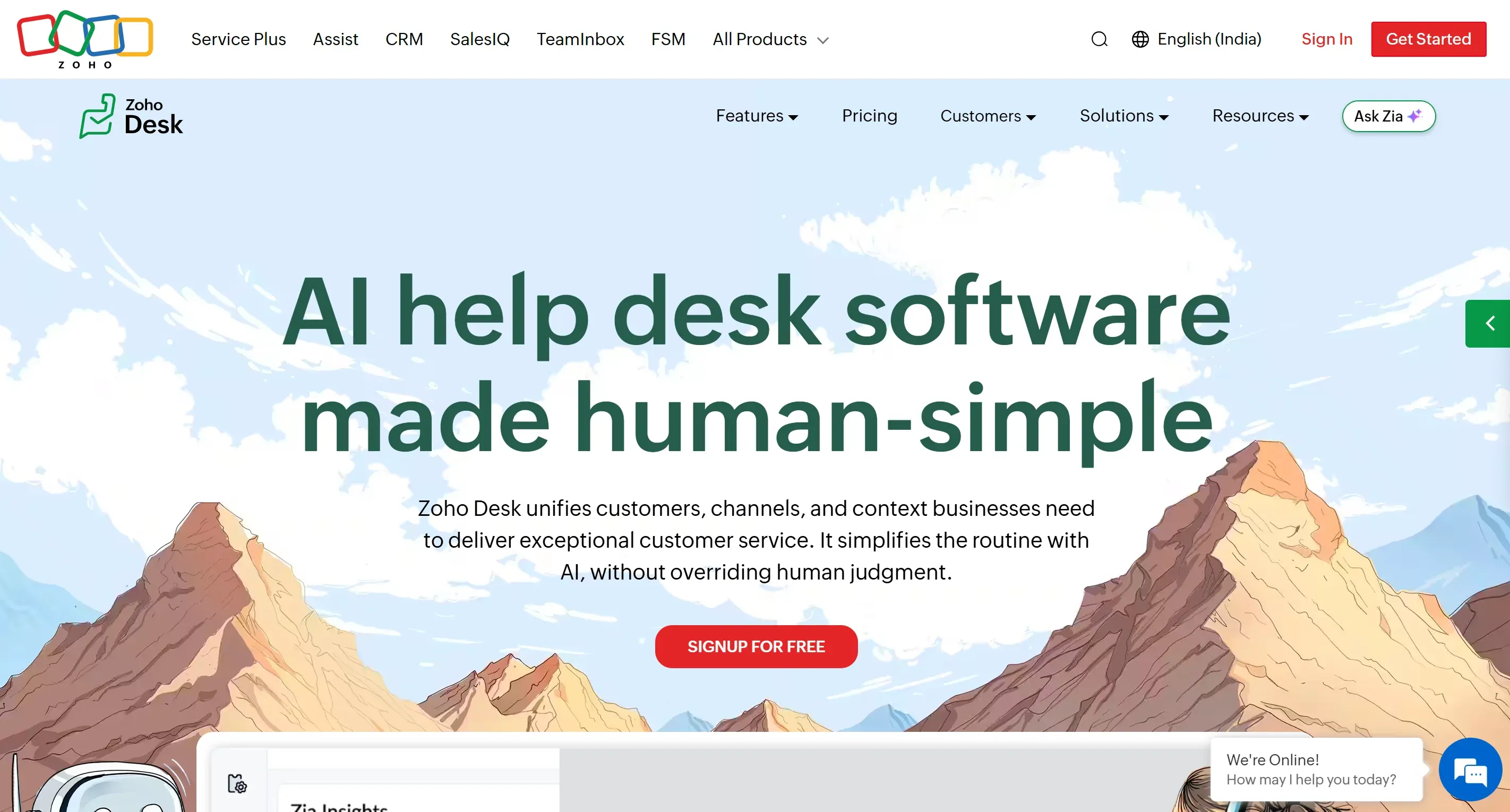 Zoho Desk homepage showing AI help desk software with Zia Insights and a live chat widget