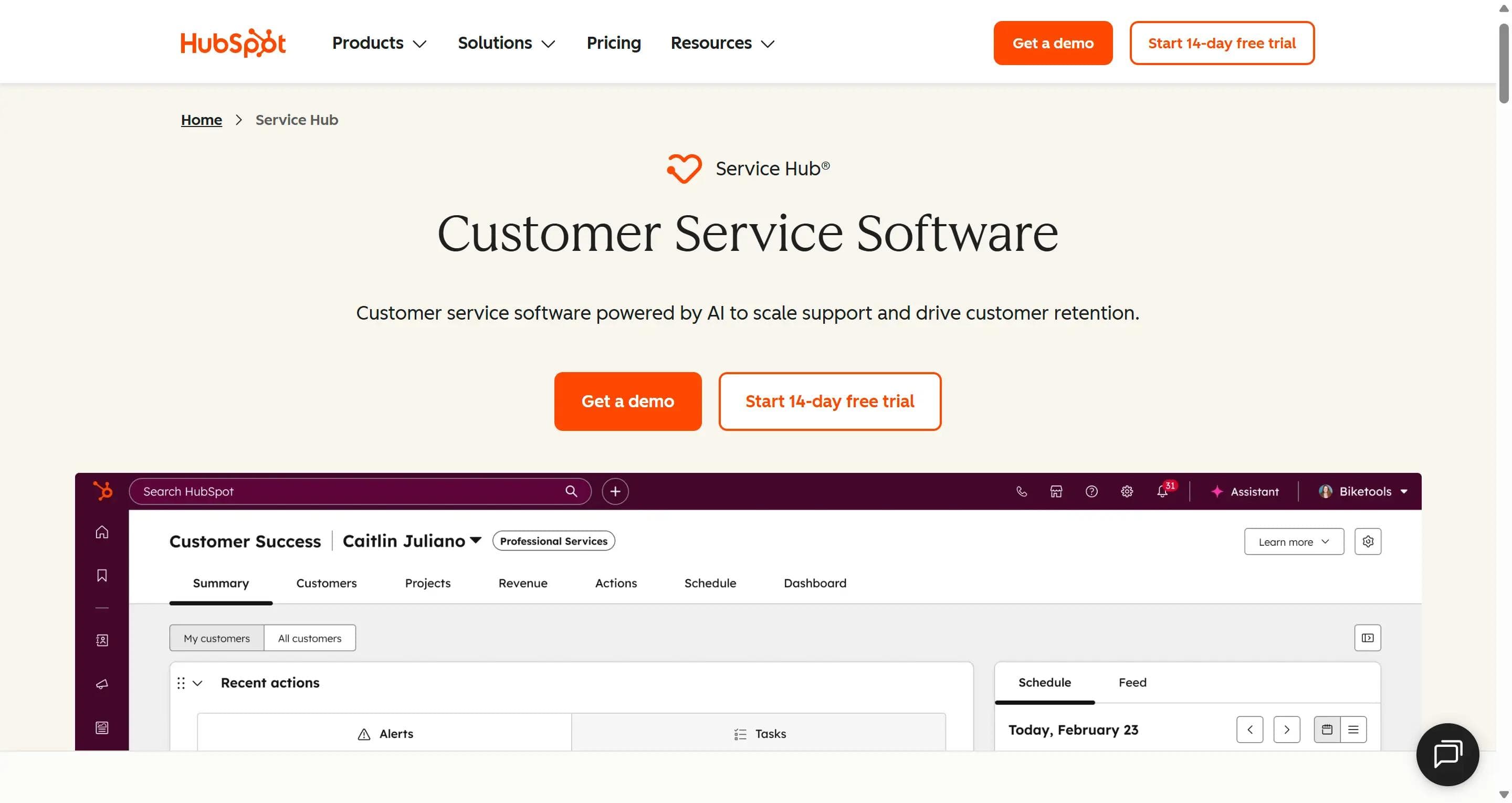 HubSpot Service Hub page showing AI customer service software and its customer success dashboard