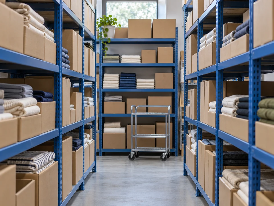 Organized ecommerce stockroom with shelves of inventory