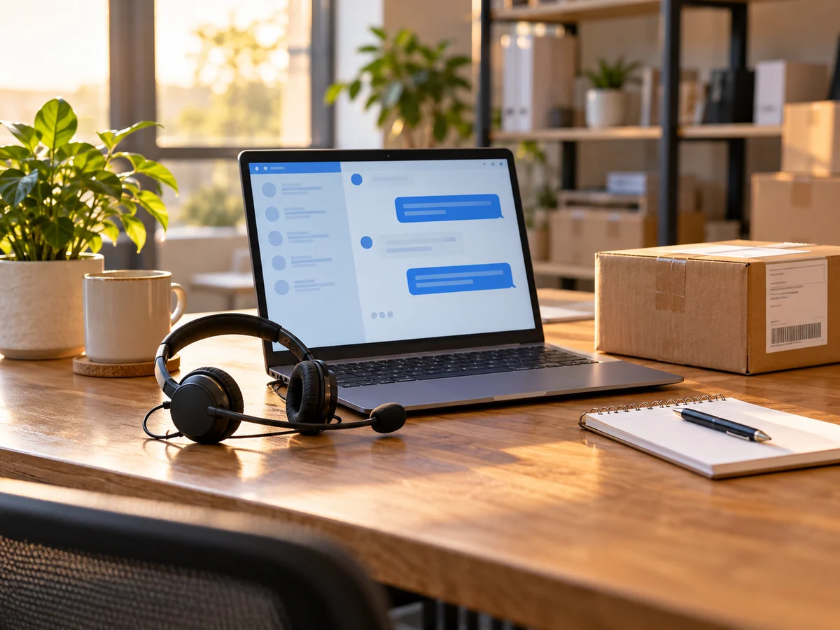 Customer support workspace with no people present