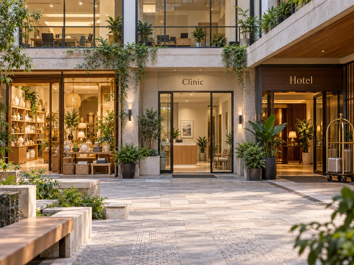A business courtyard with a shop, clinic, hotel and workspace