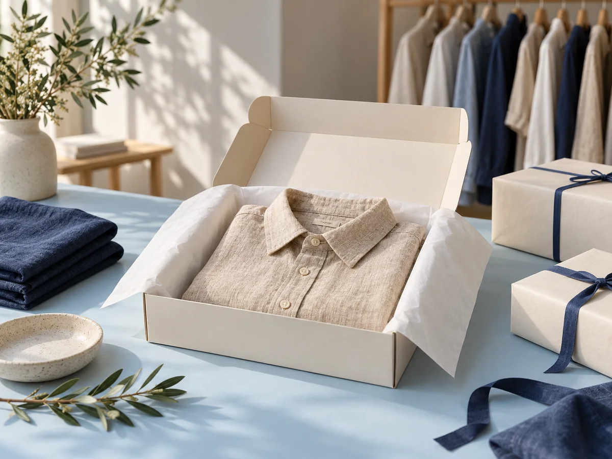Linen shirt packed for an online order in a clothing store studio